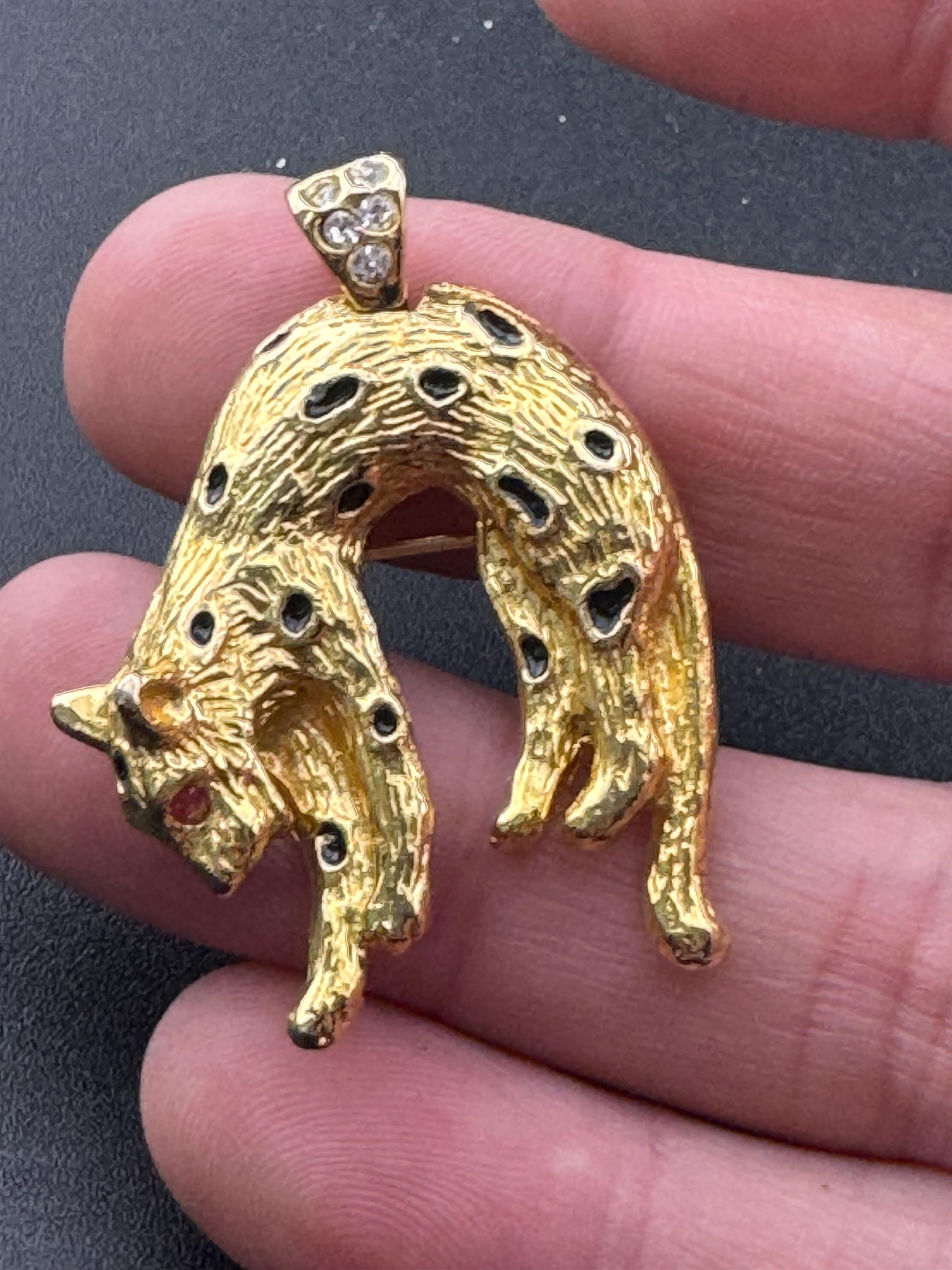Black enamel Big Cat spotty leopard combination brooch and pendant , gold tone, vintage