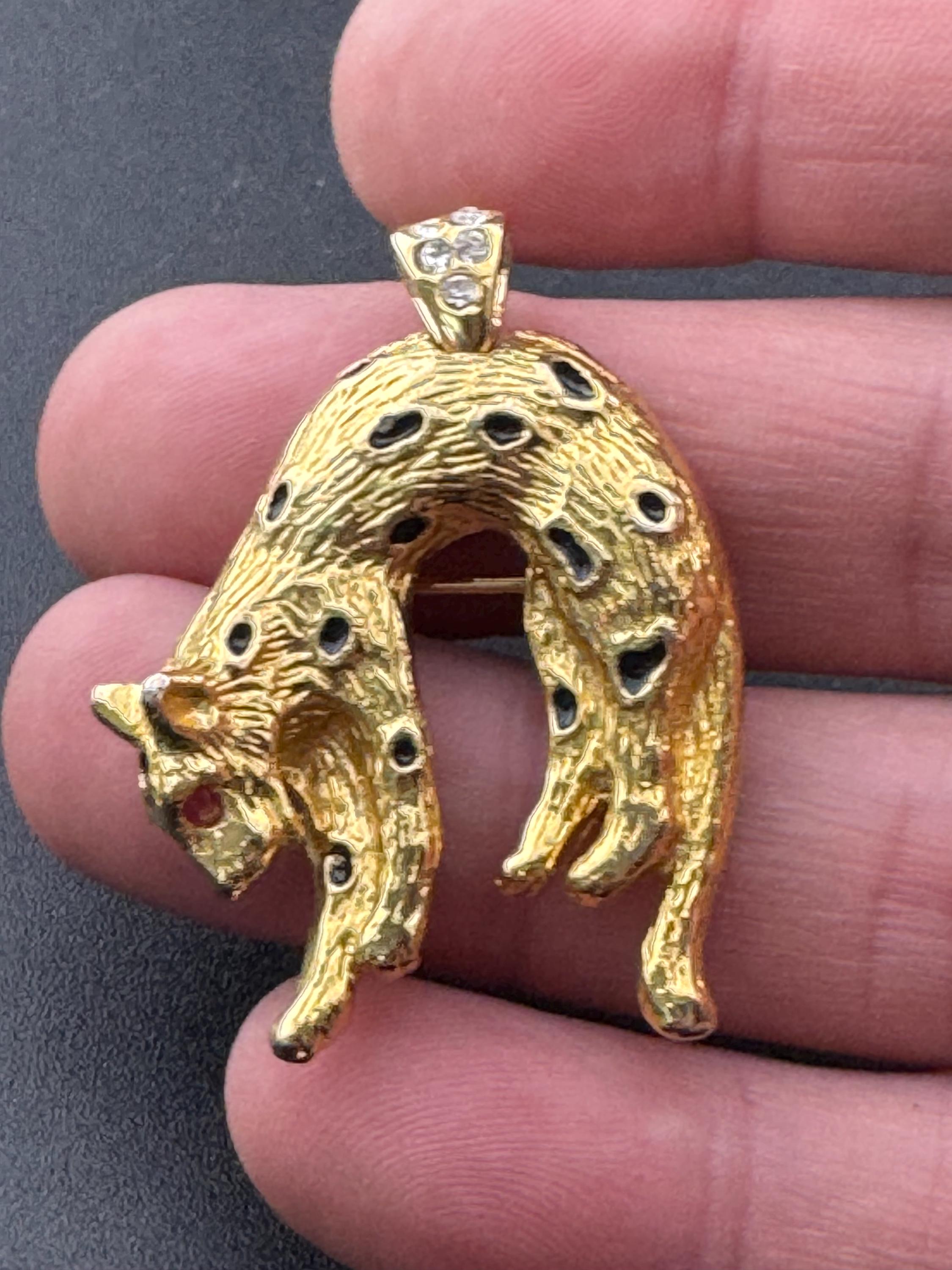 Black enamel Big Cat spotty leopard combination brooch and pendant , gold tone, vintage