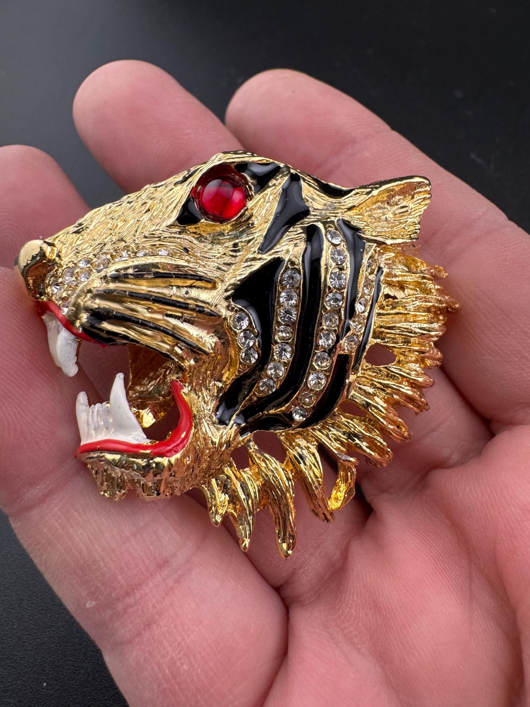 Vintage Gold Tone Tiger Brooch: Black Enamel Rhinestone Diamanté