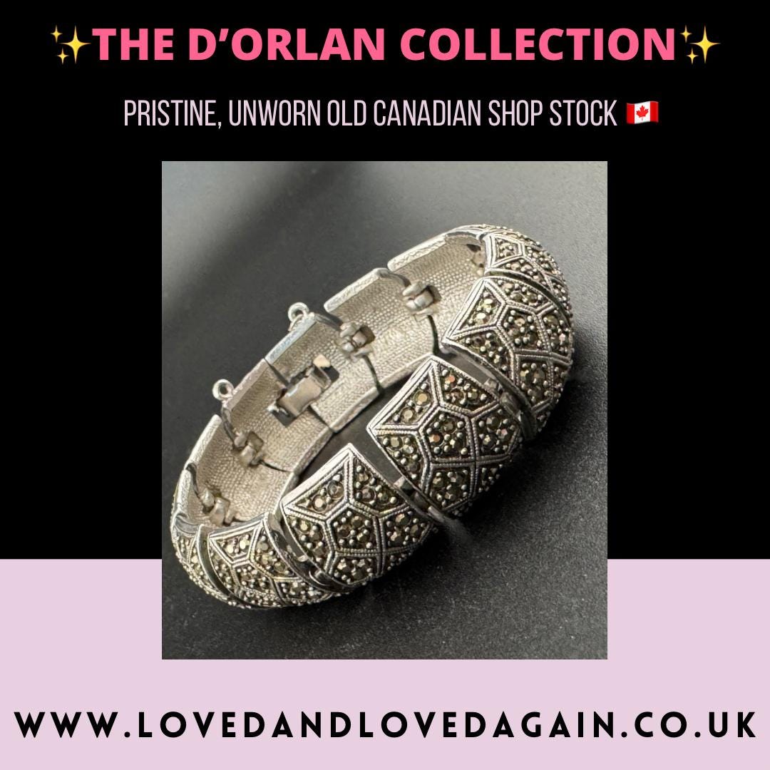Vintage D’orlan Canada designer  rhodium silver plated and marcasite wide panel link bracelet 20cm x 2cm