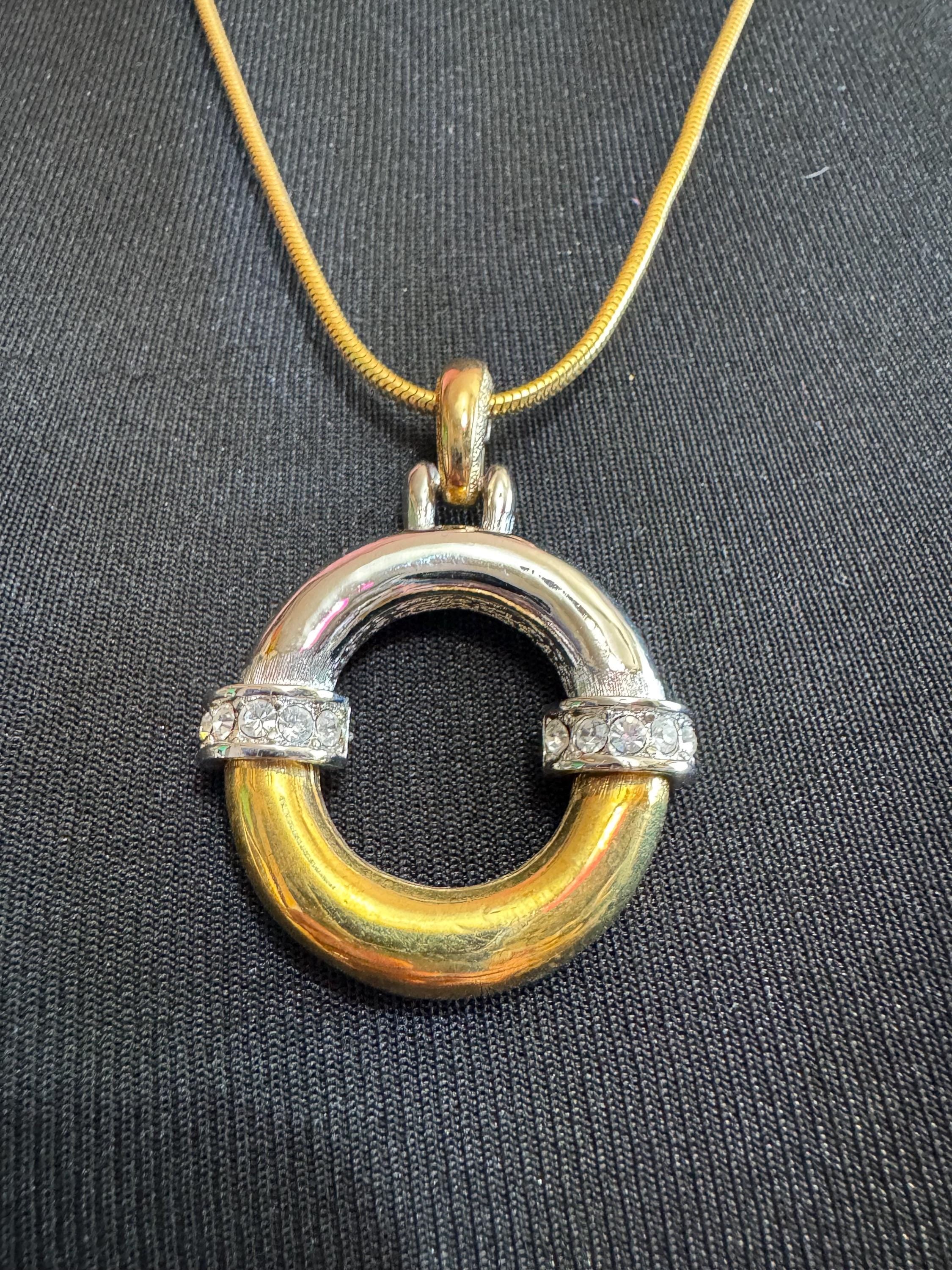 Vintage D’orlan Canada designer 22ct triple gold and rhodium plated and clear Swarovski Crystal round pendant chain necklace 65cm
