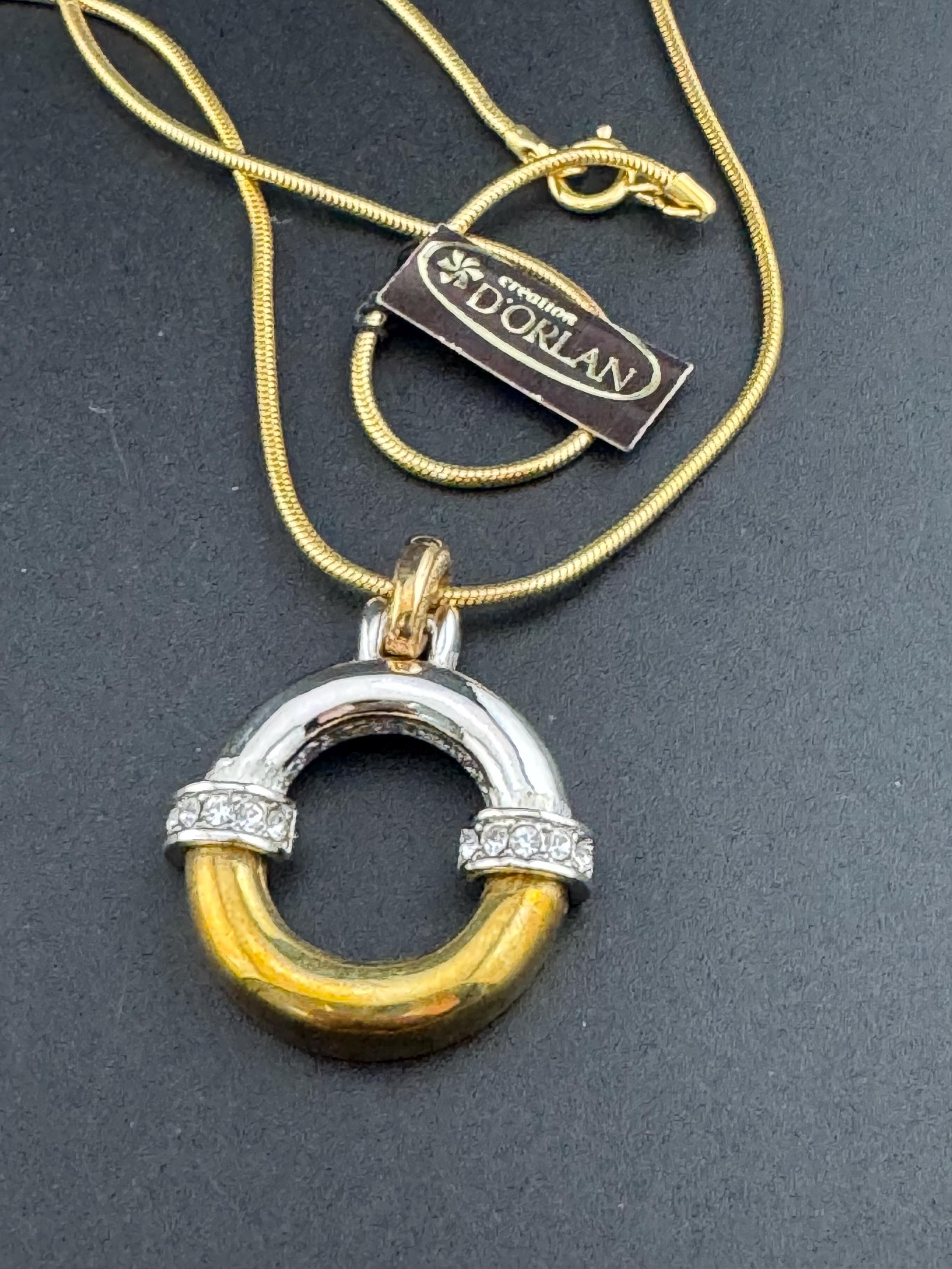 Vintage D’orlan Canada designer 22ct triple gold and rhodium plated and clear Swarovski Crystal round pendant chain necklace 65cm