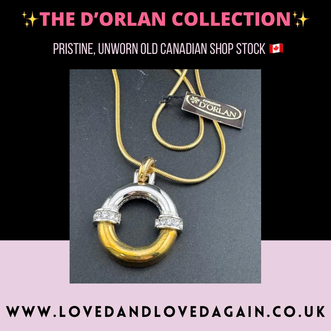Vintage D’orlan Canada designer 22ct triple gold and rhodium plated and clear Swarovski Crystal round pendant chain necklace 65cm