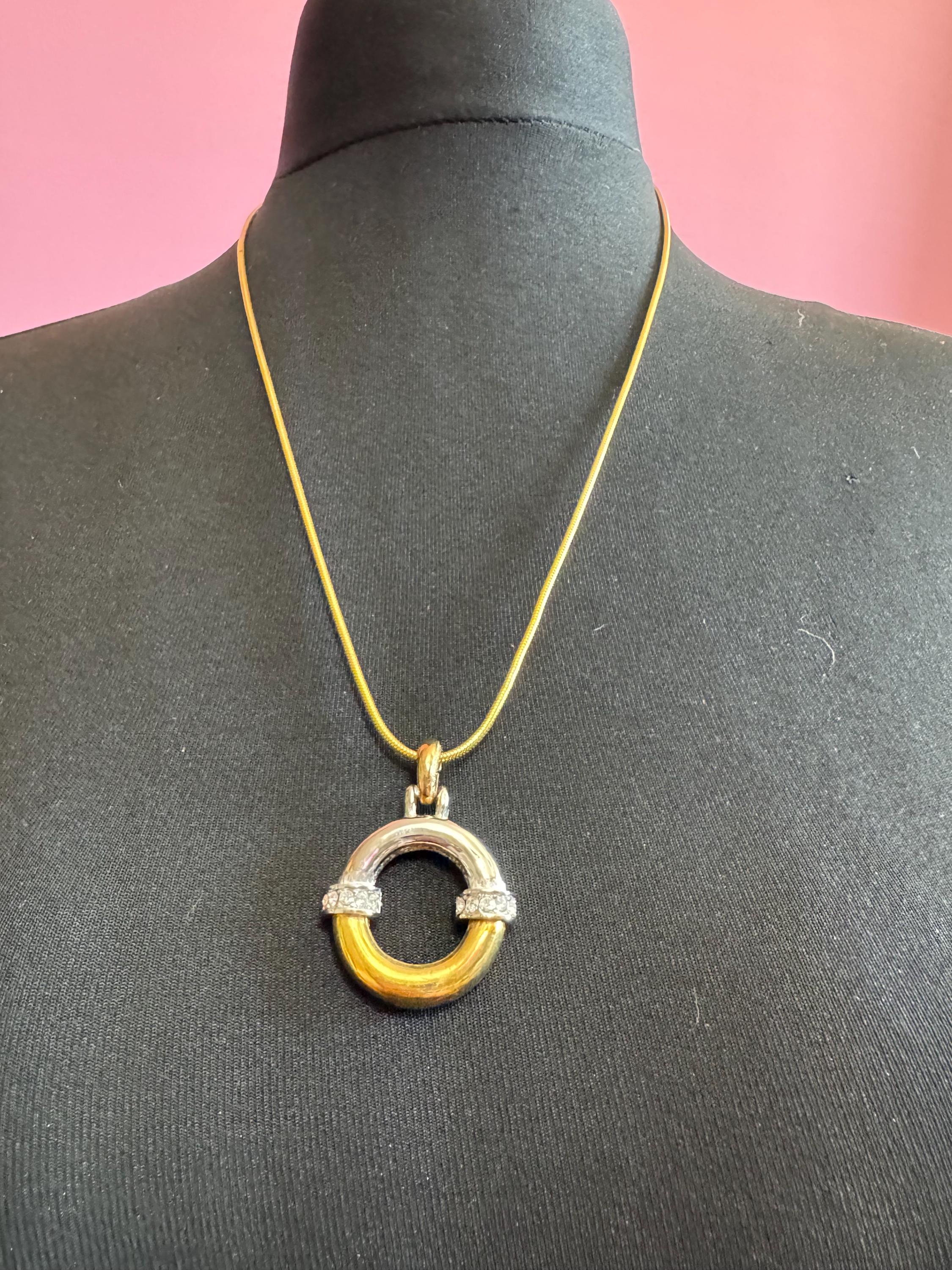 Vintage D’orlan Canada designer 22ct triple gold and rhodium plated and clear Swarovski Crystal round pendant chain necklace 65cm