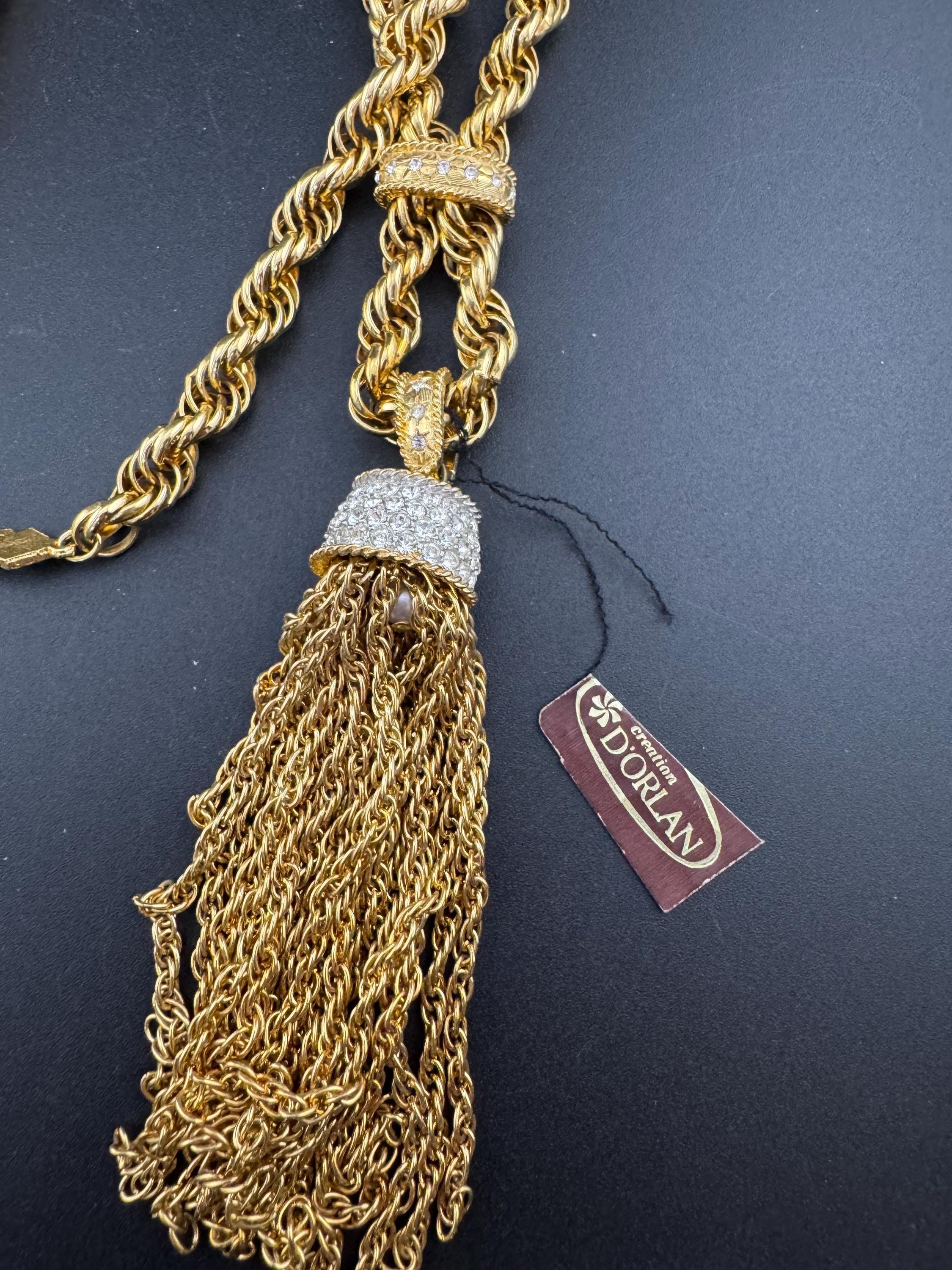 Vintage D’orlan Canada designer 22ct triple gold plated Swarovski Crystal chunky rope chain pendant tassel necklace 75cm