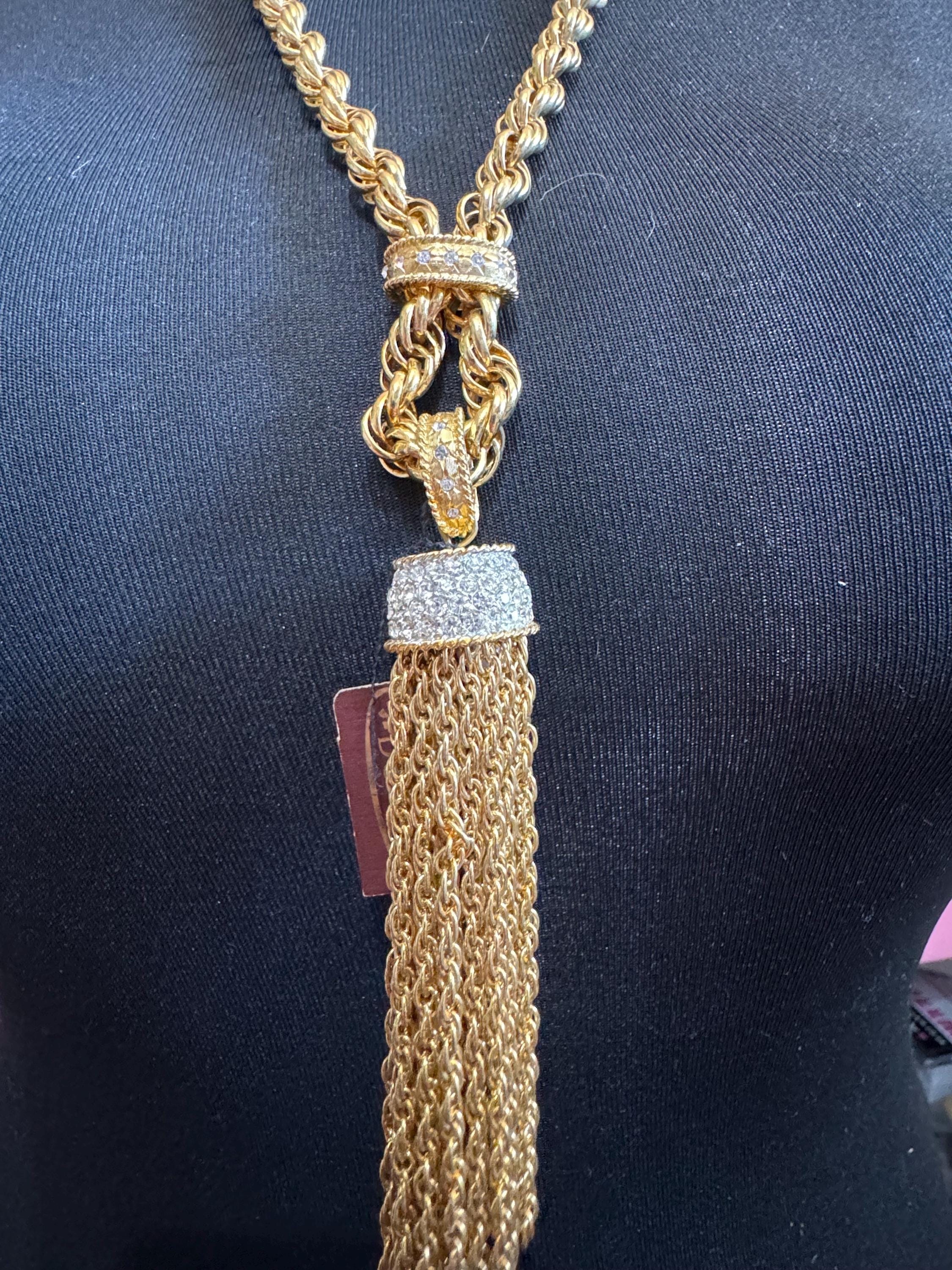 Vintage D’orlan Canada designer 22ct triple gold plated Swarovski Crystal chunky rope chain pendant tassel necklace 75cm