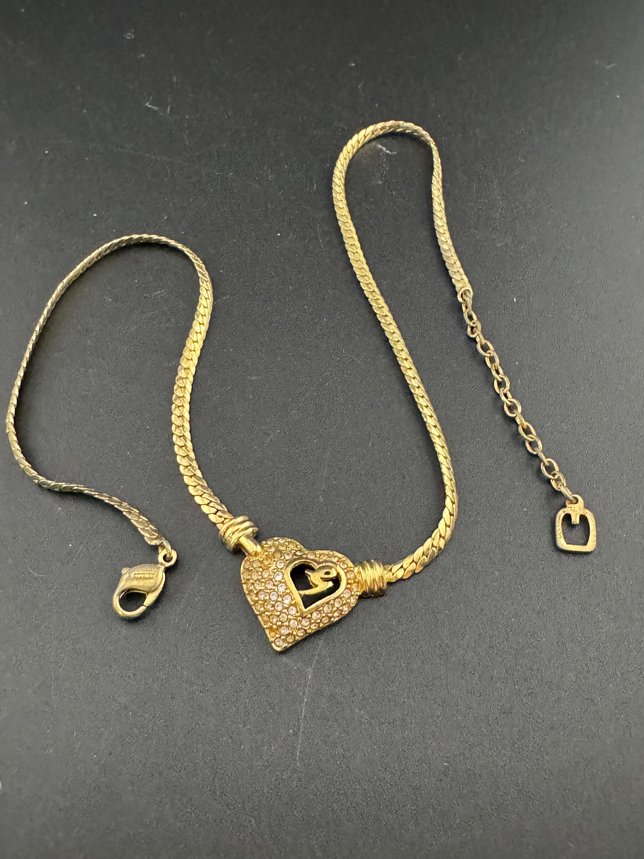 Rhinestone love heart pendant necklace signed Henkel and GROSSE Germany vintage, gold tone