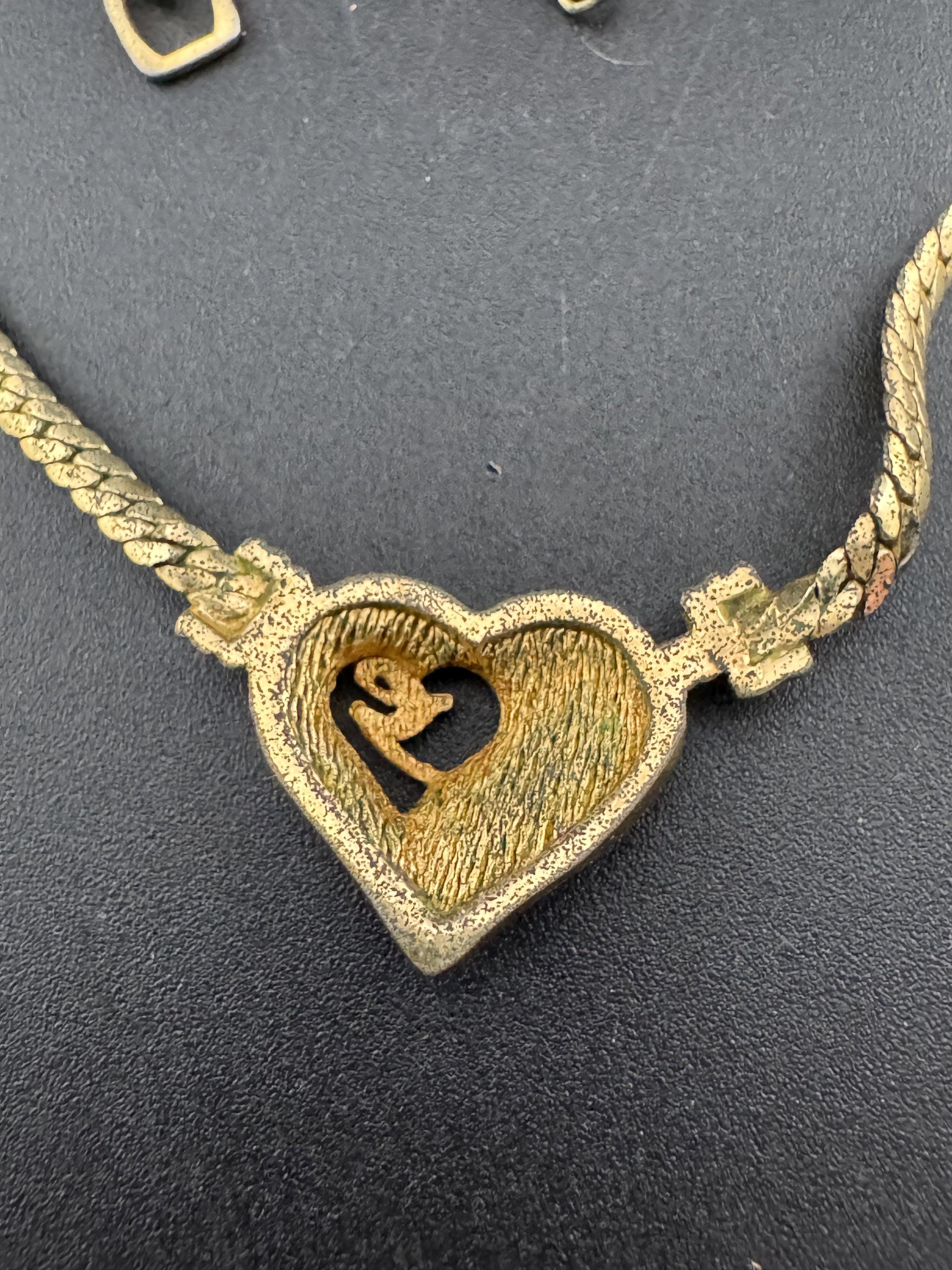 Rhinestone love heart pendant necklace signed Henkel and GROSSE Germany vintage, gold tone