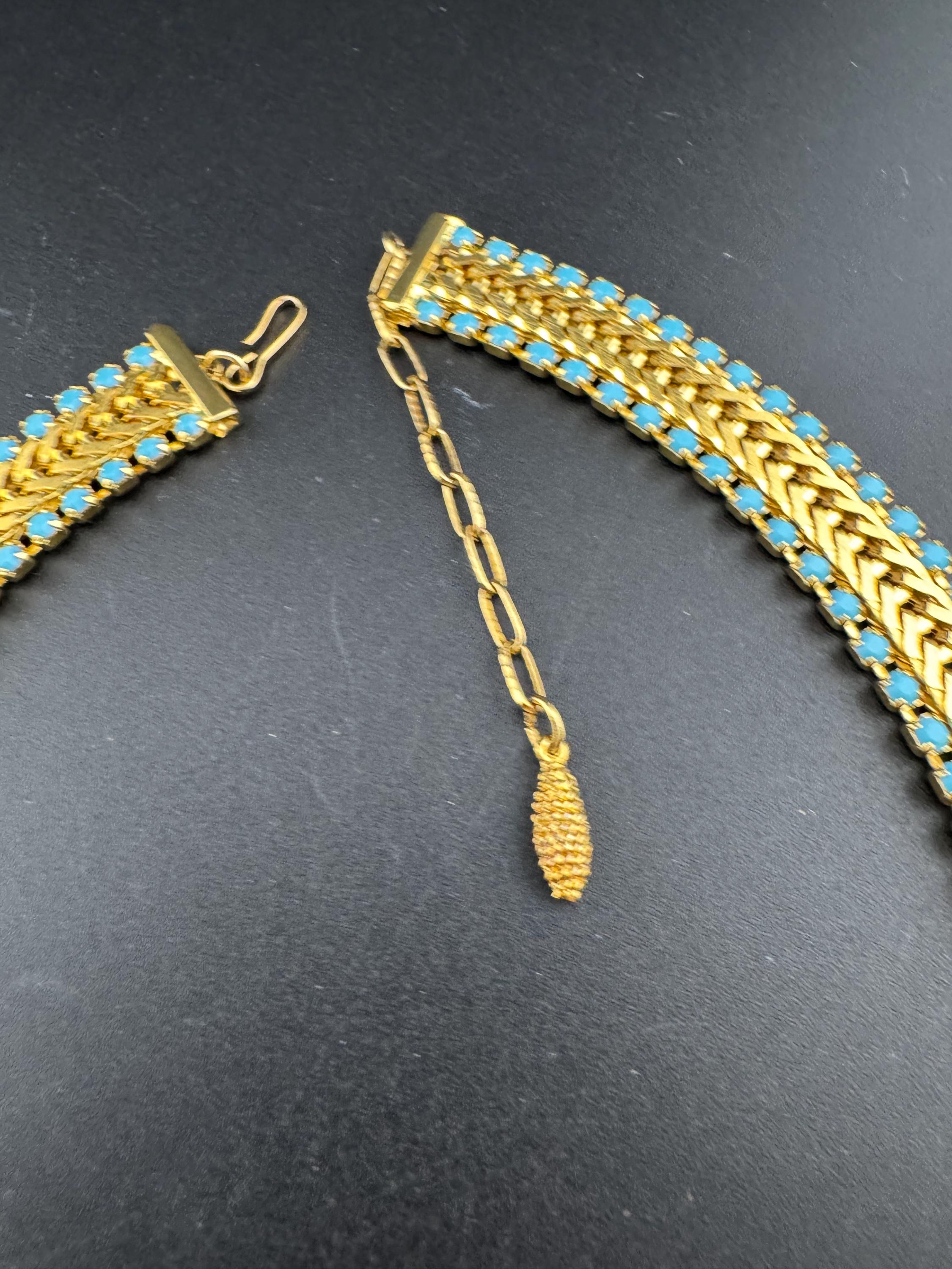 Wide mesh woven choker necklace with turquoise paste stones 1960s gold tone 43cm
