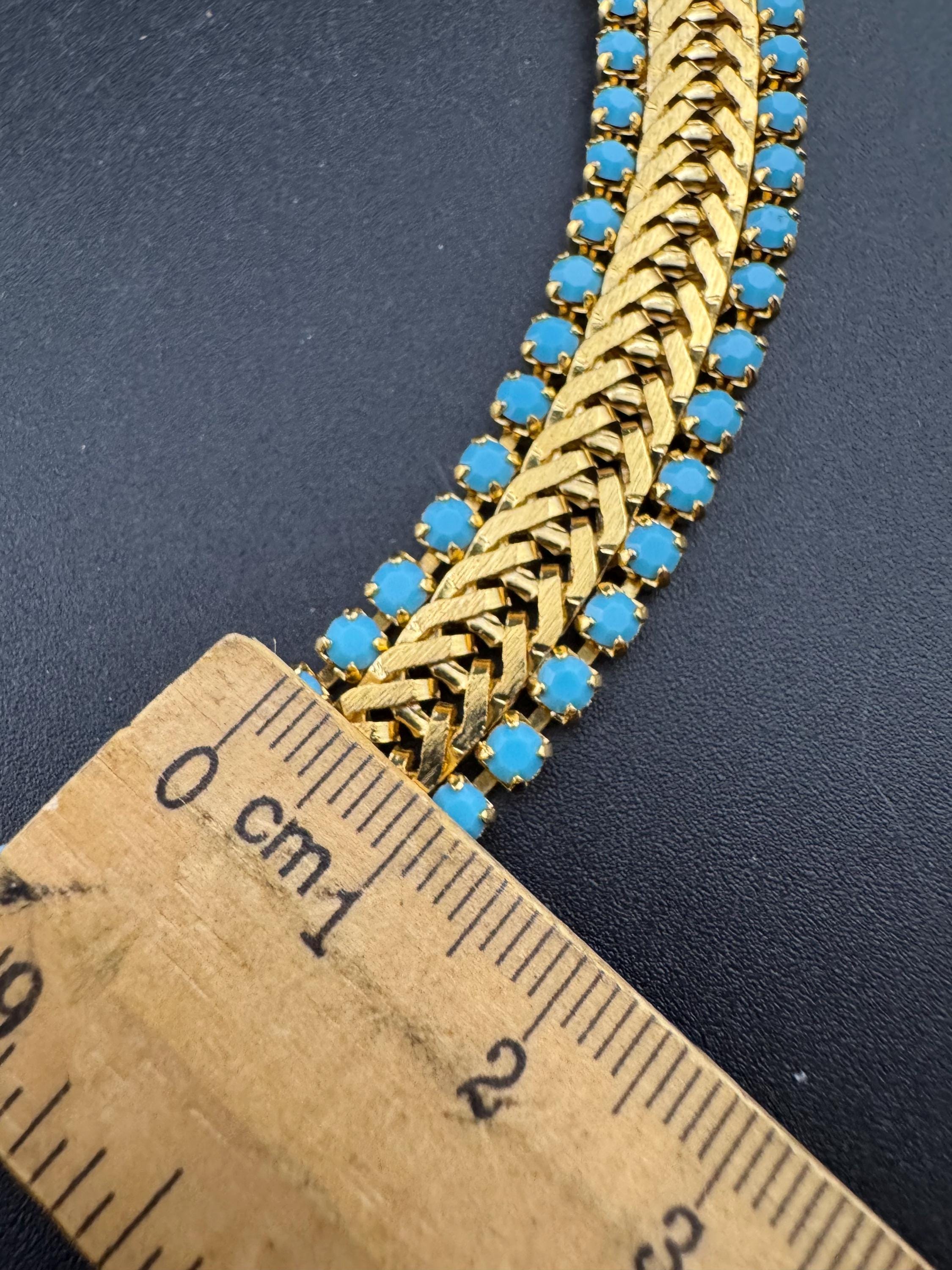 Wide mesh woven choker necklace with turquoise paste stones 1960s gold tone 43cm