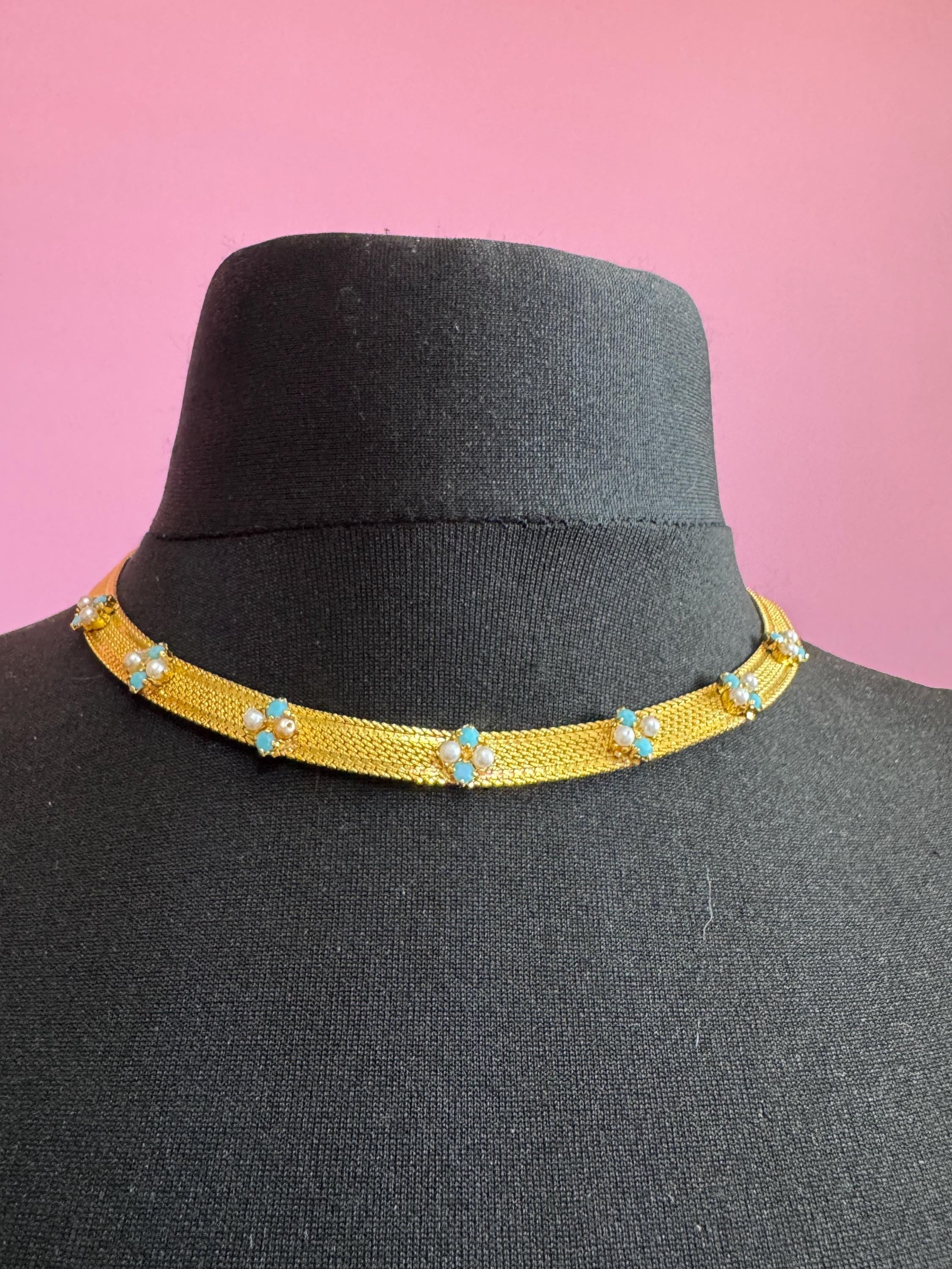 Vintage 1960s gold tone mesh necklace with turquoise stones and faux seed pearls some replaced