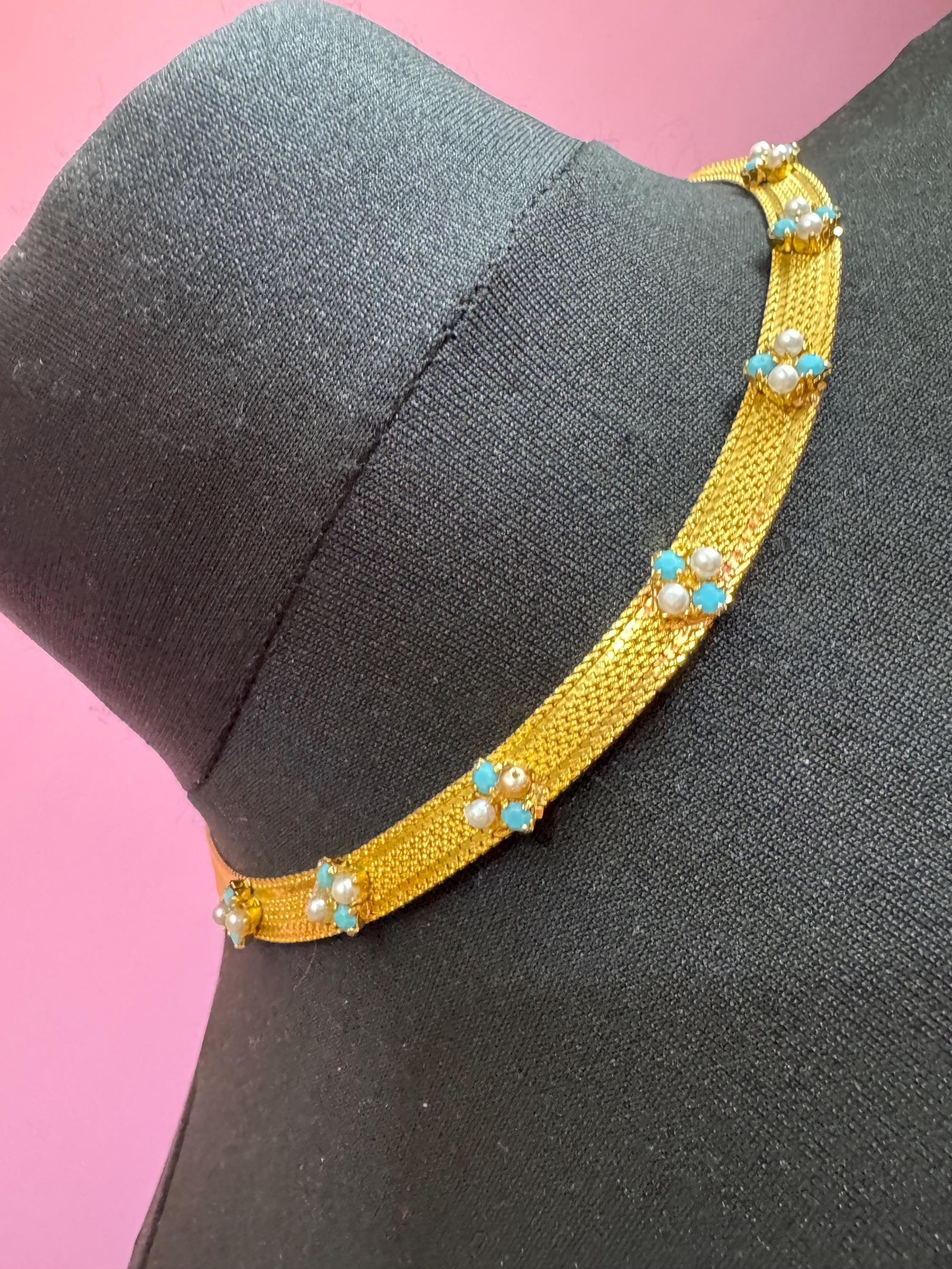 Vintage 1960s gold tone mesh necklace with turquoise stones and faux seed pearls some replaced