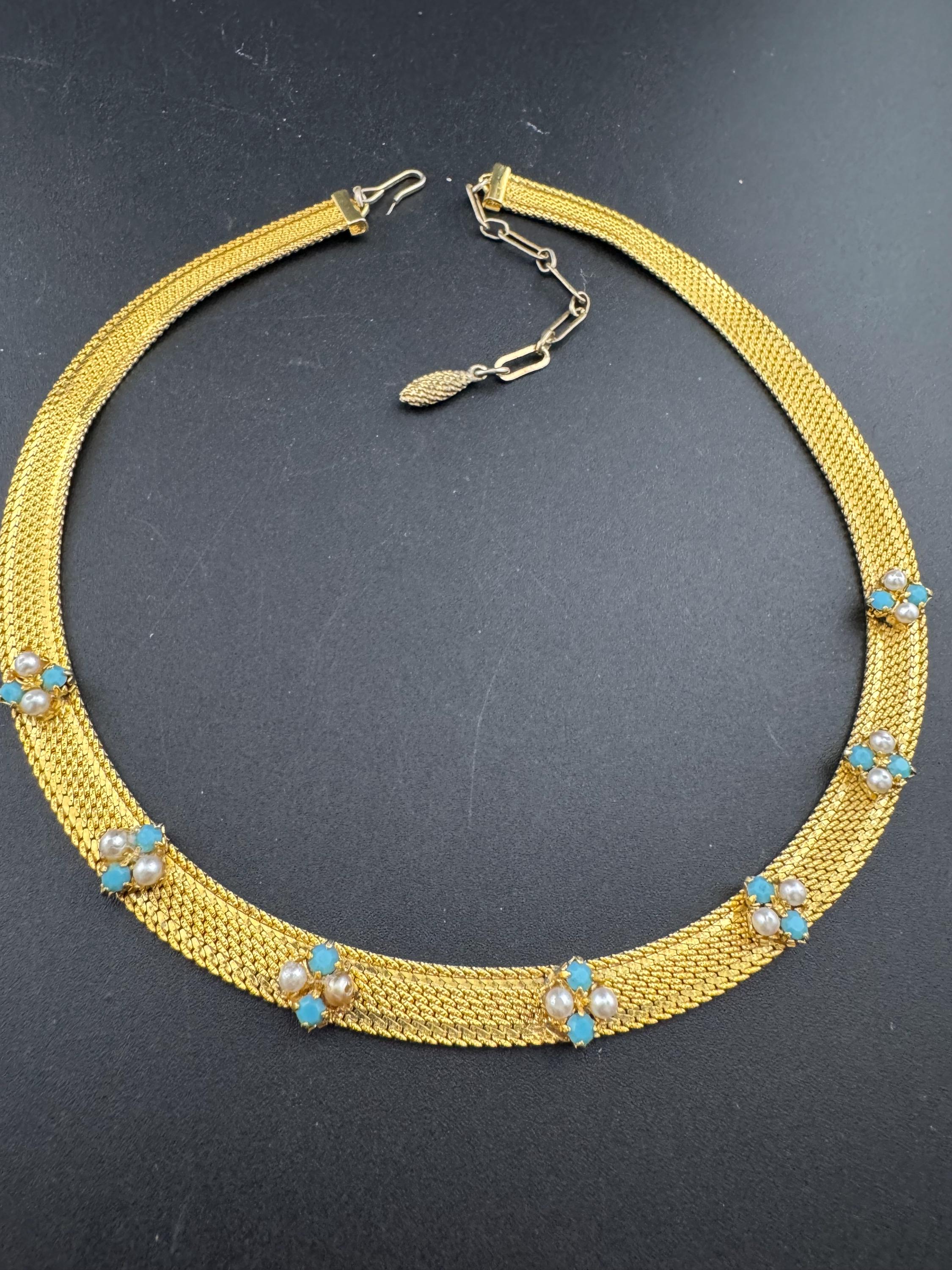 Vintage 1960s gold tone mesh necklace with turquoise stones and faux seed pearls some replaced