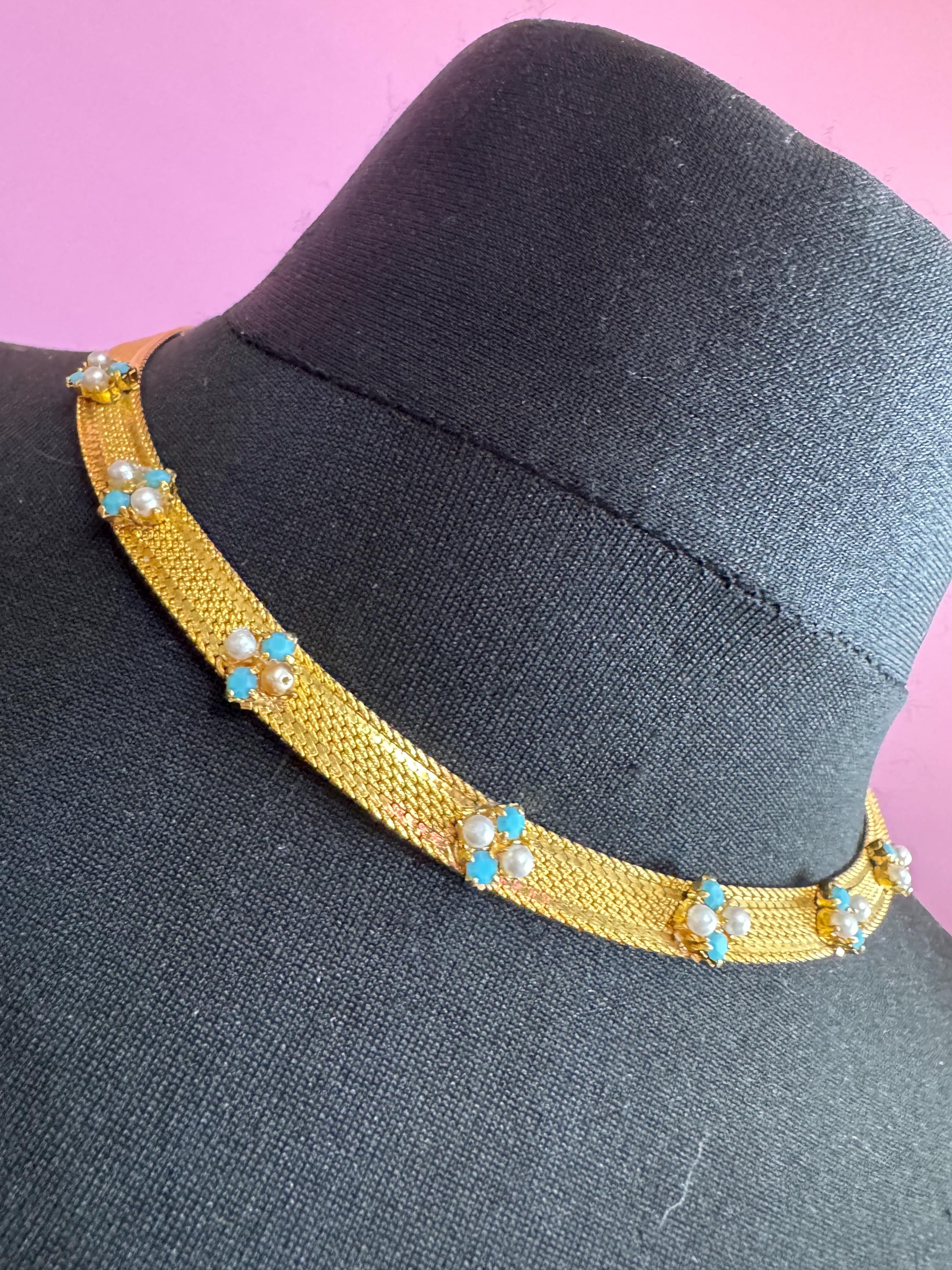 Vintage 1960s gold tone mesh necklace with turquoise stones and faux seed pearls some replaced
