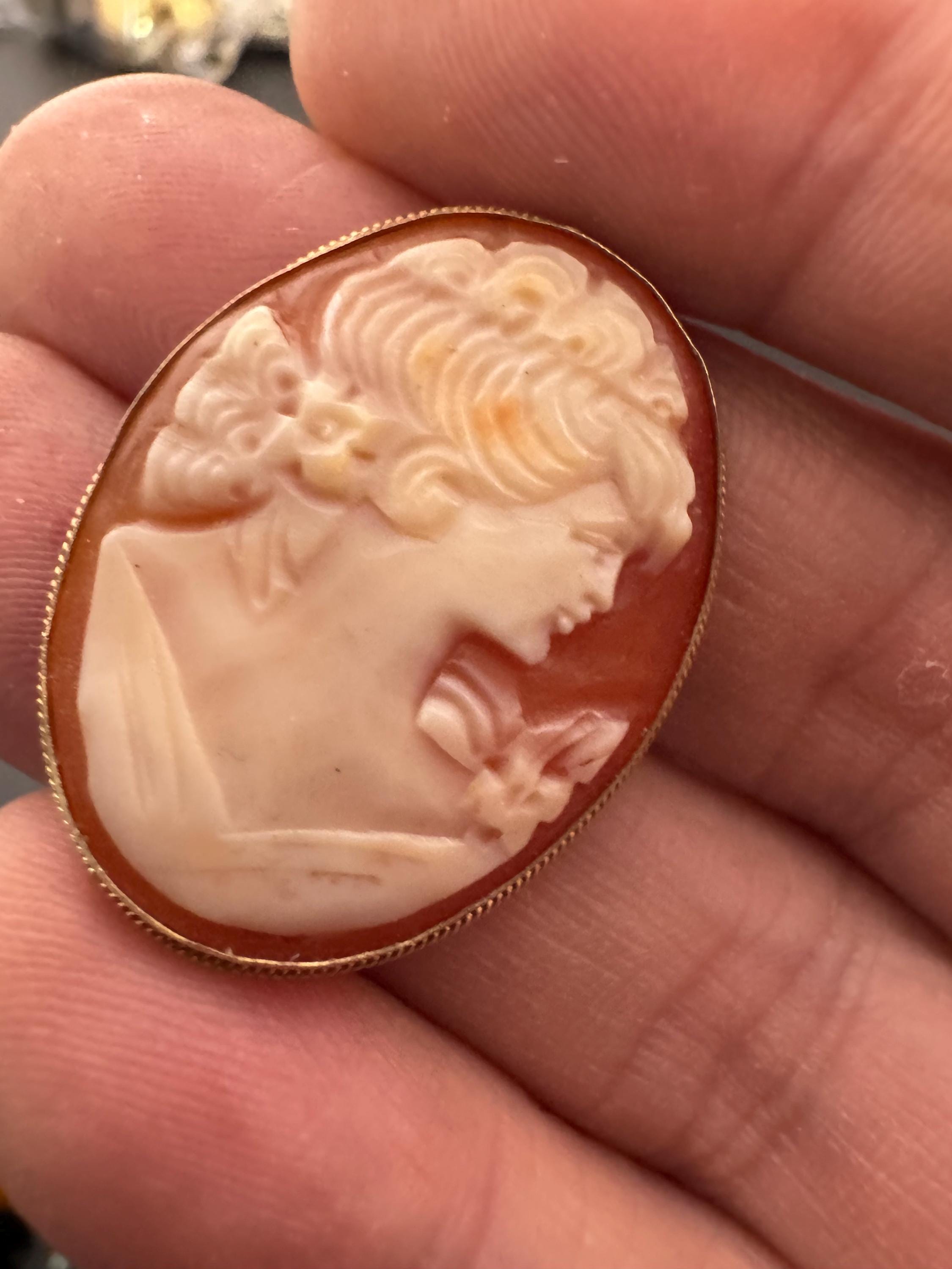 9ct gold 1970 Vintage carved shell oval Cameo Brooch and combination pendant hallmarked JF Crown Panther marks