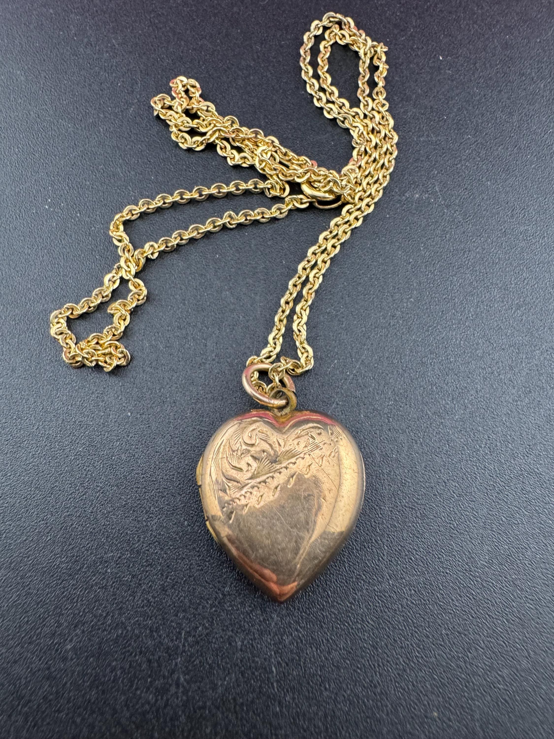 Vintage small heart 9ct gold front and back photo Locket with engraved design, stamped on a rolled gold Andreas daub 48cm chain