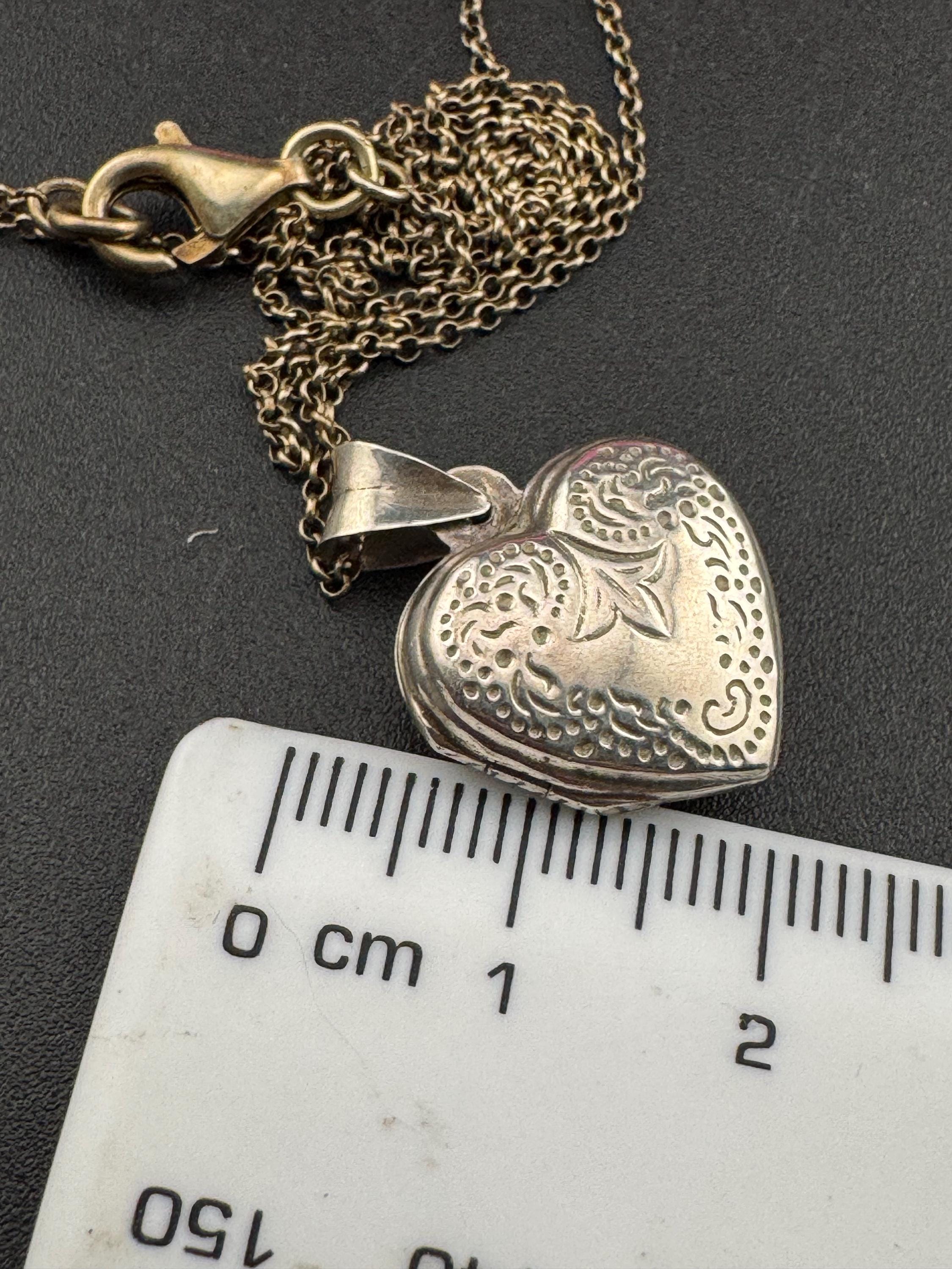 Vintage small heart silver photo Locket with engraved design, memorial keepsake stamped on a 925 silver chain