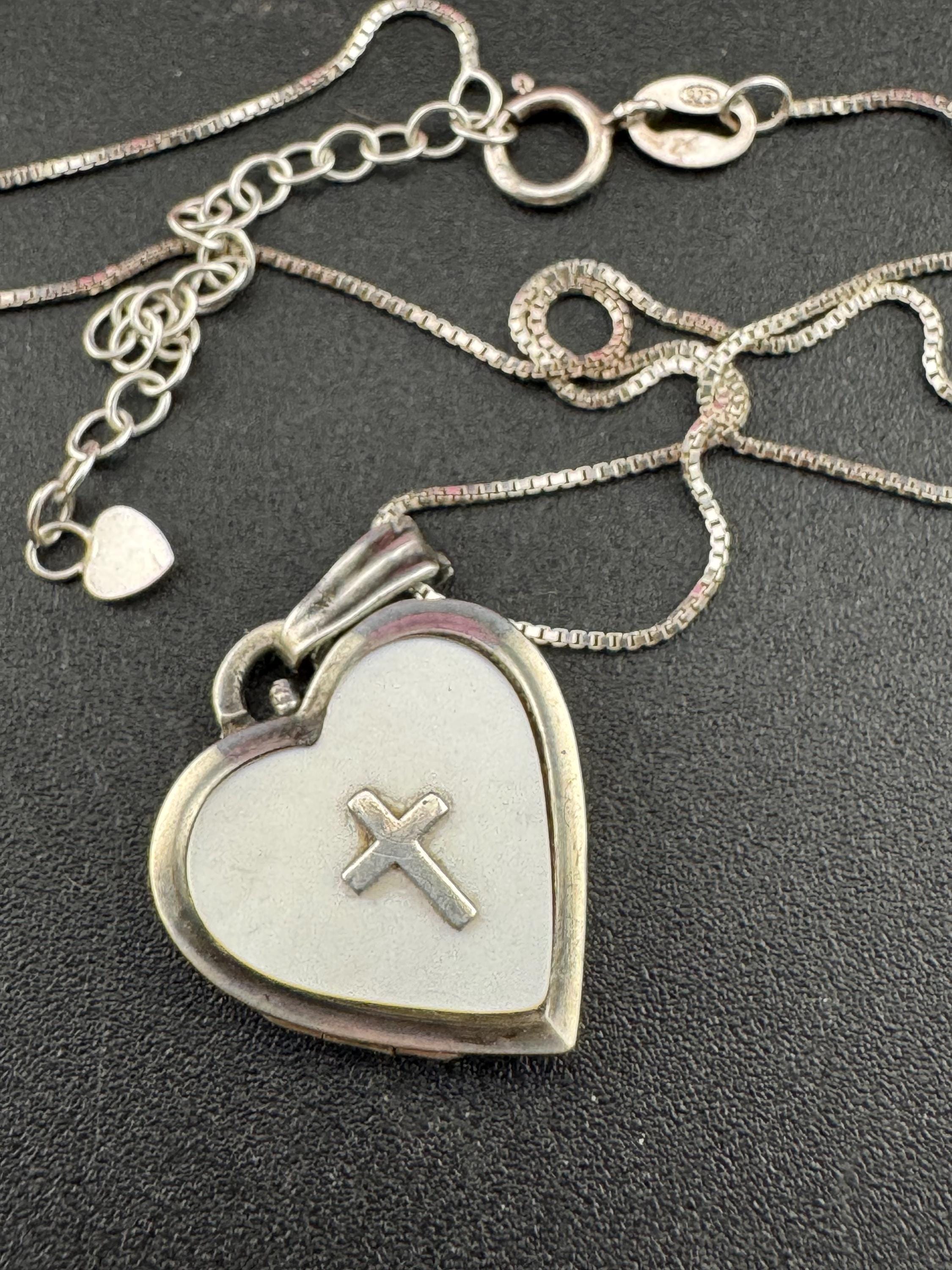Vintage small heart silver photo Locket with cross design, memorial keepsake stamped on a 925 silver chain