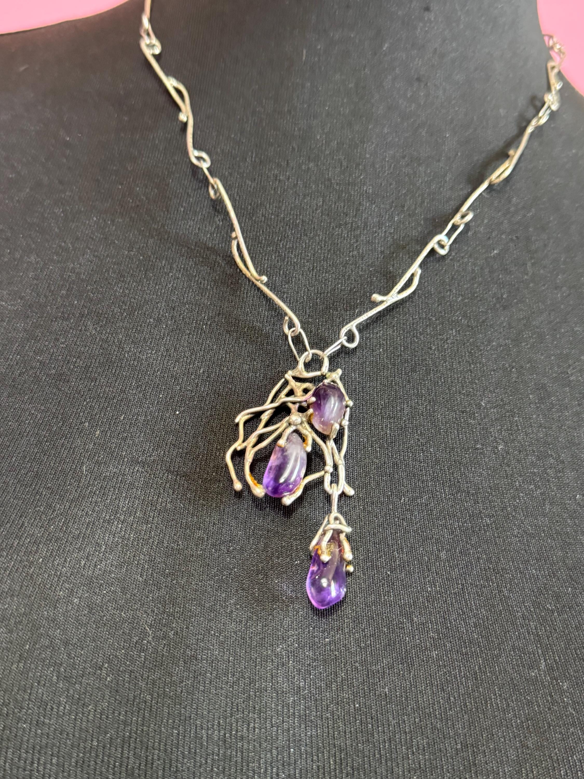 Vintage silver artisan handmade amethyst gemstone brutalist pendant necklace Not hallmarked white metal  22.3grams 57cm long