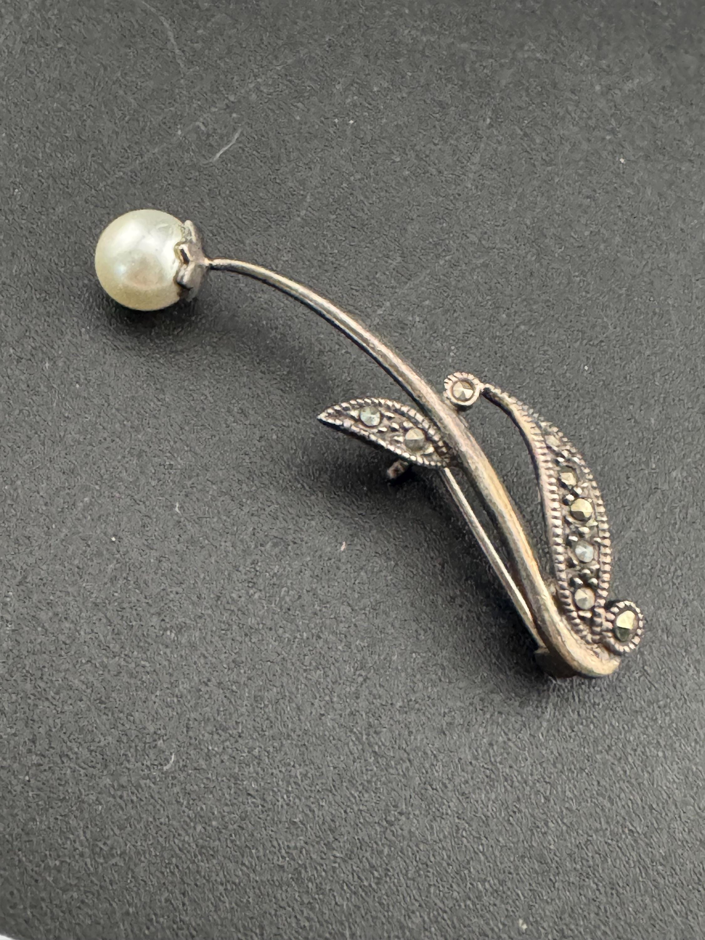 Vintage Sterling Silver Marcasite Brooch: Faux Pearl Floral Pin