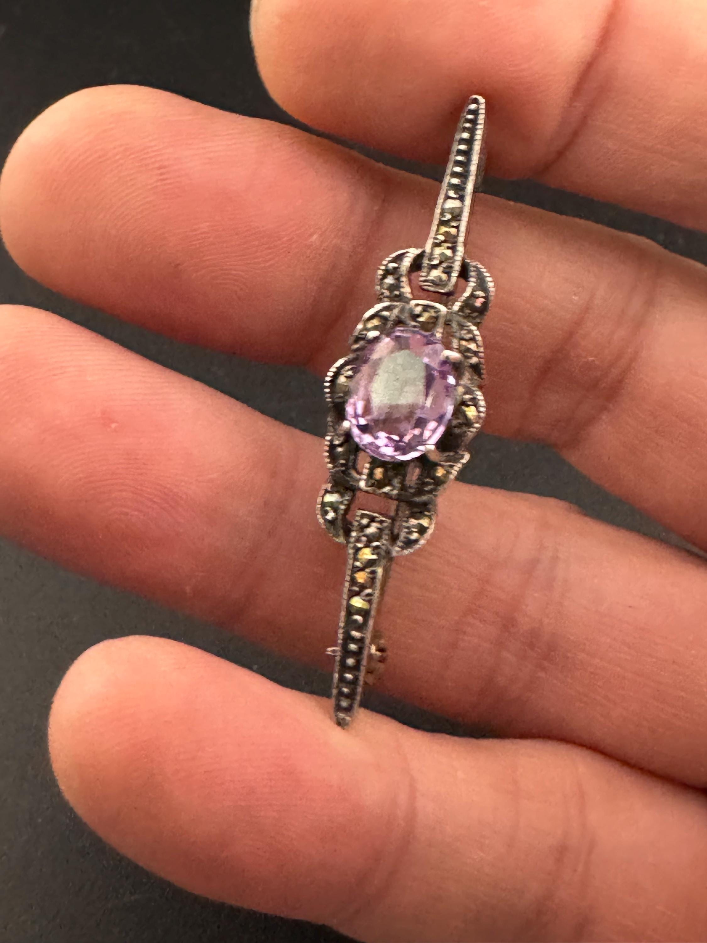 Vintage 925 silver marcasite bar brooch amethyst purple pin edwardian 1920s 1930s style