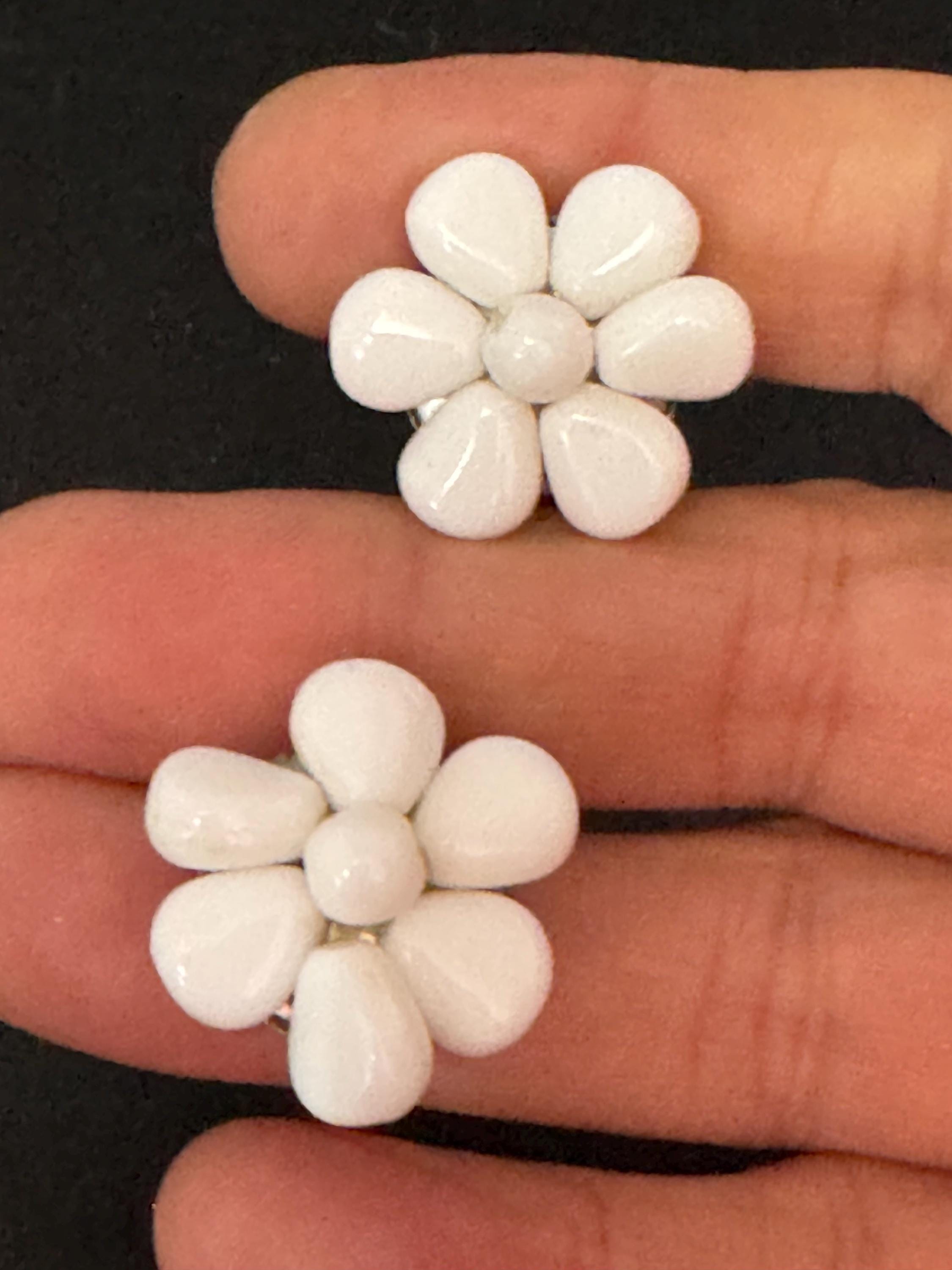 Vintage white milk glass floral beaded Cluster Clip On Earrings 1940s 1950s