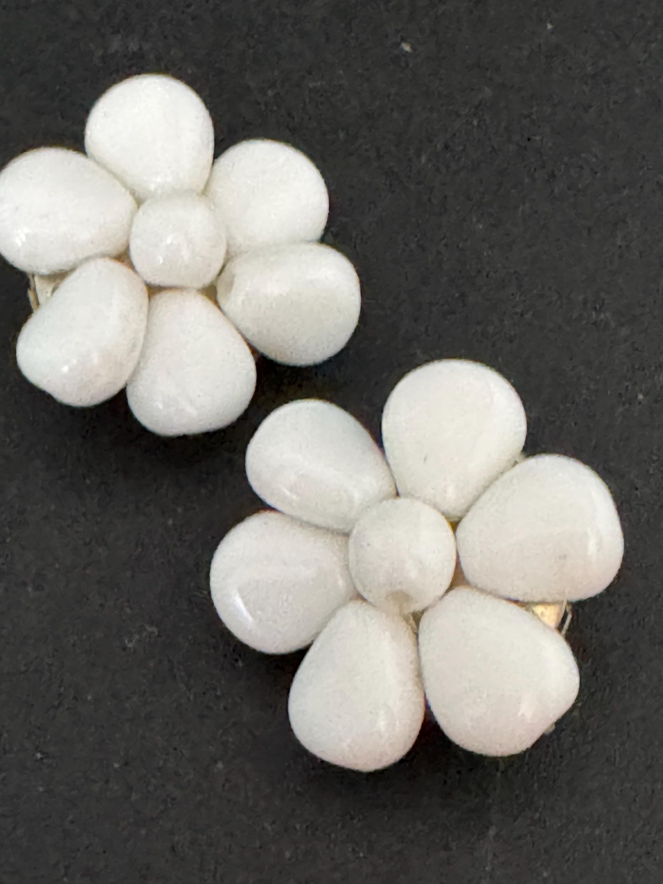 Vintage white milk glass floral beaded Cluster Clip On Earrings 1940s 1950s