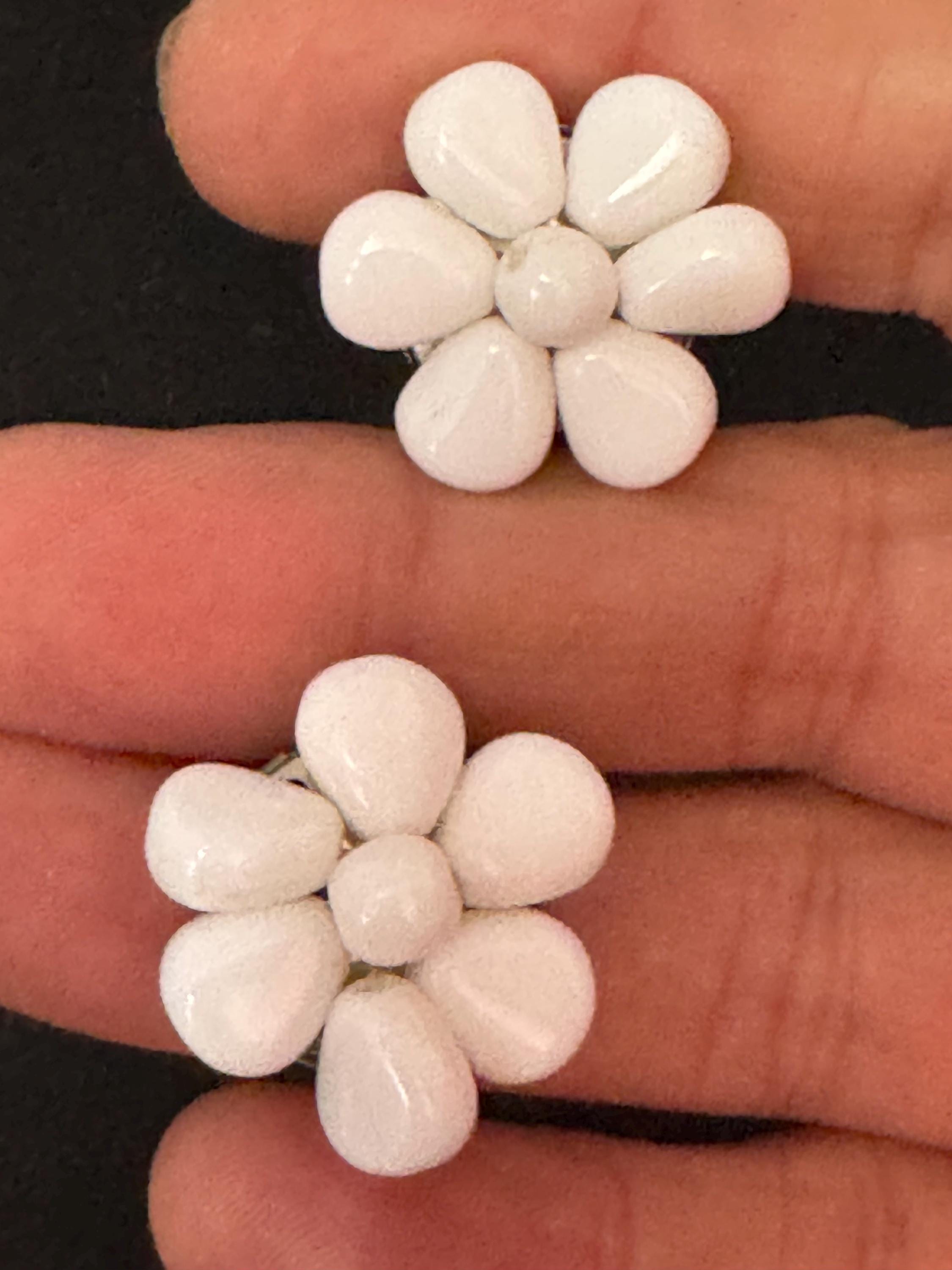 Vintage white milk glass floral beaded Cluster Clip On Earrings 1940s 1950s