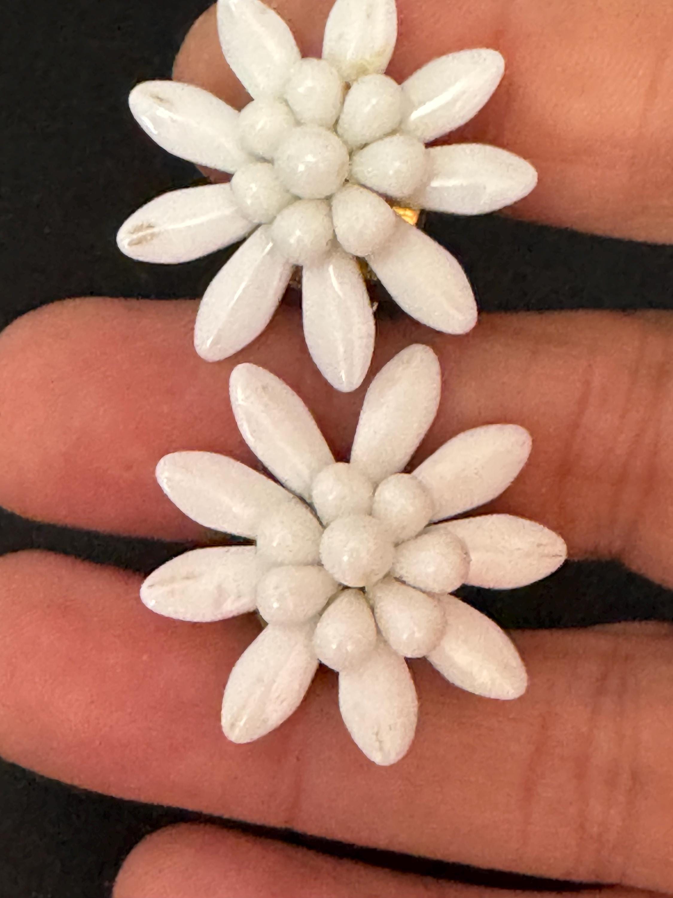 Vintage white milk glass floral beaded Cluster Clip On Earrings 1940s 1950s