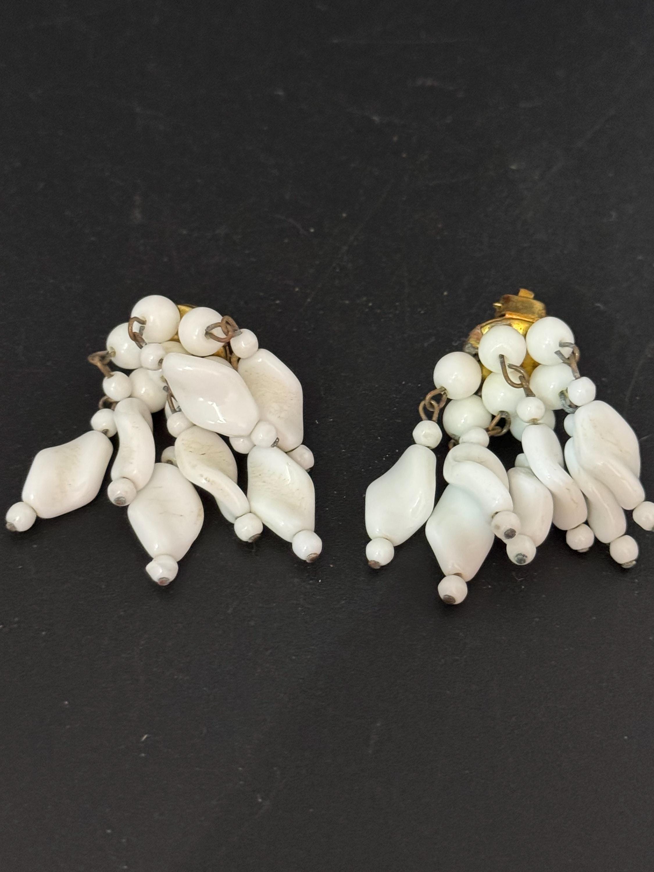 Vintage white milk glass floral beaded Cluster Clip On waterfall Earrings 1940s 1950s