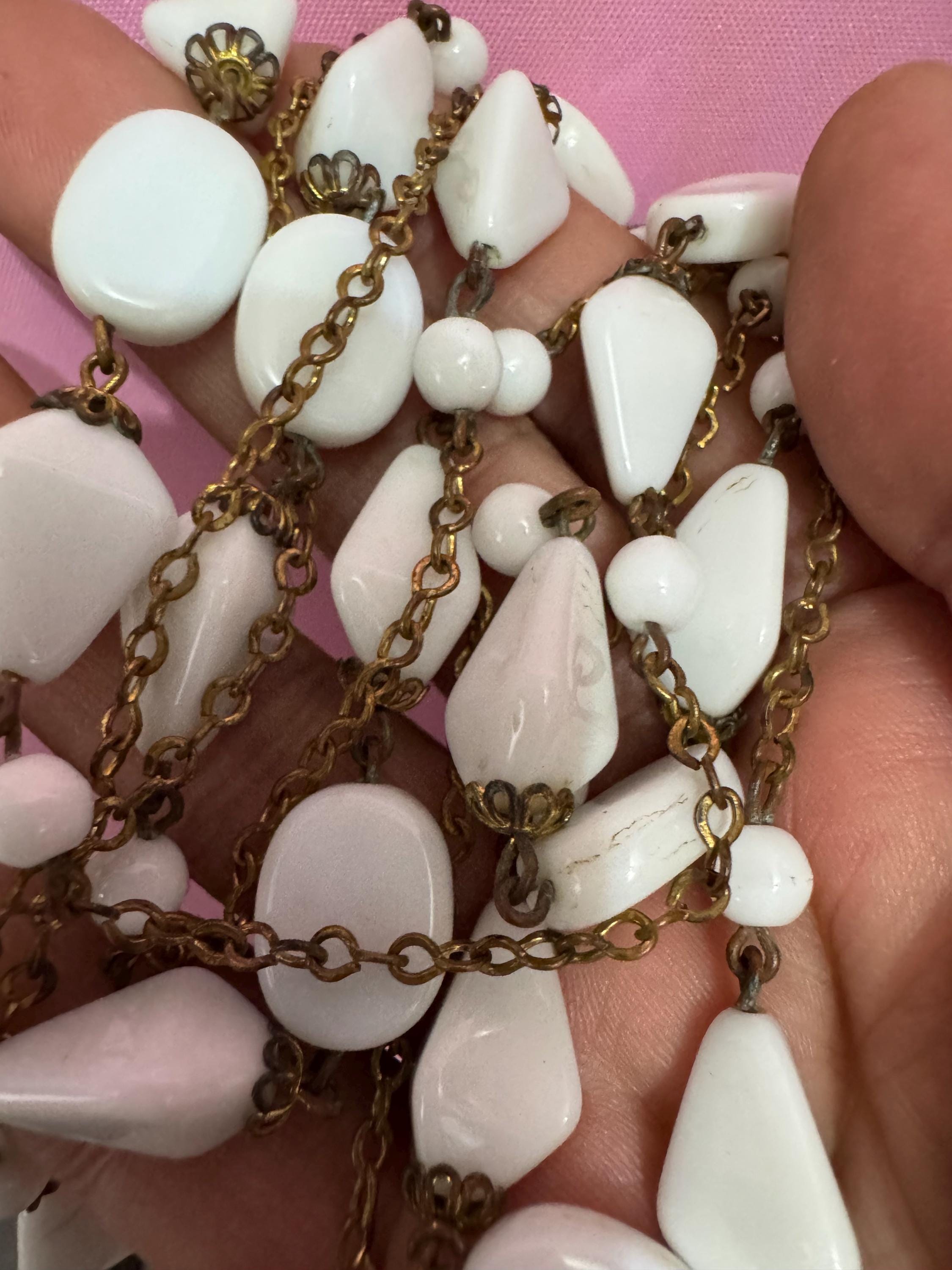 Vintage 2 row White milk glass abstract beaded layering gold chain link necklace