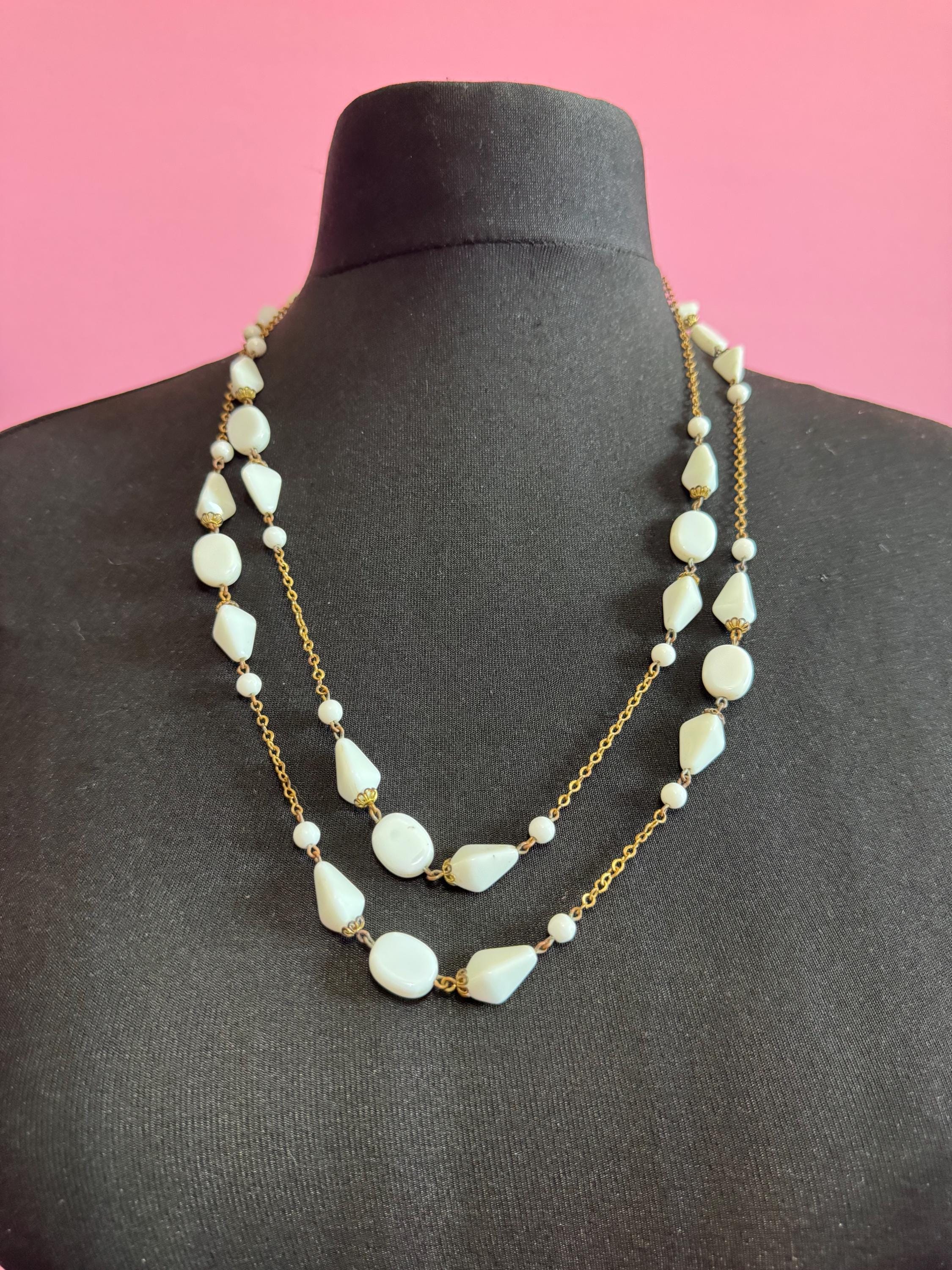 Vintage 2 row White milk glass abstract beaded layering gold chain link necklace