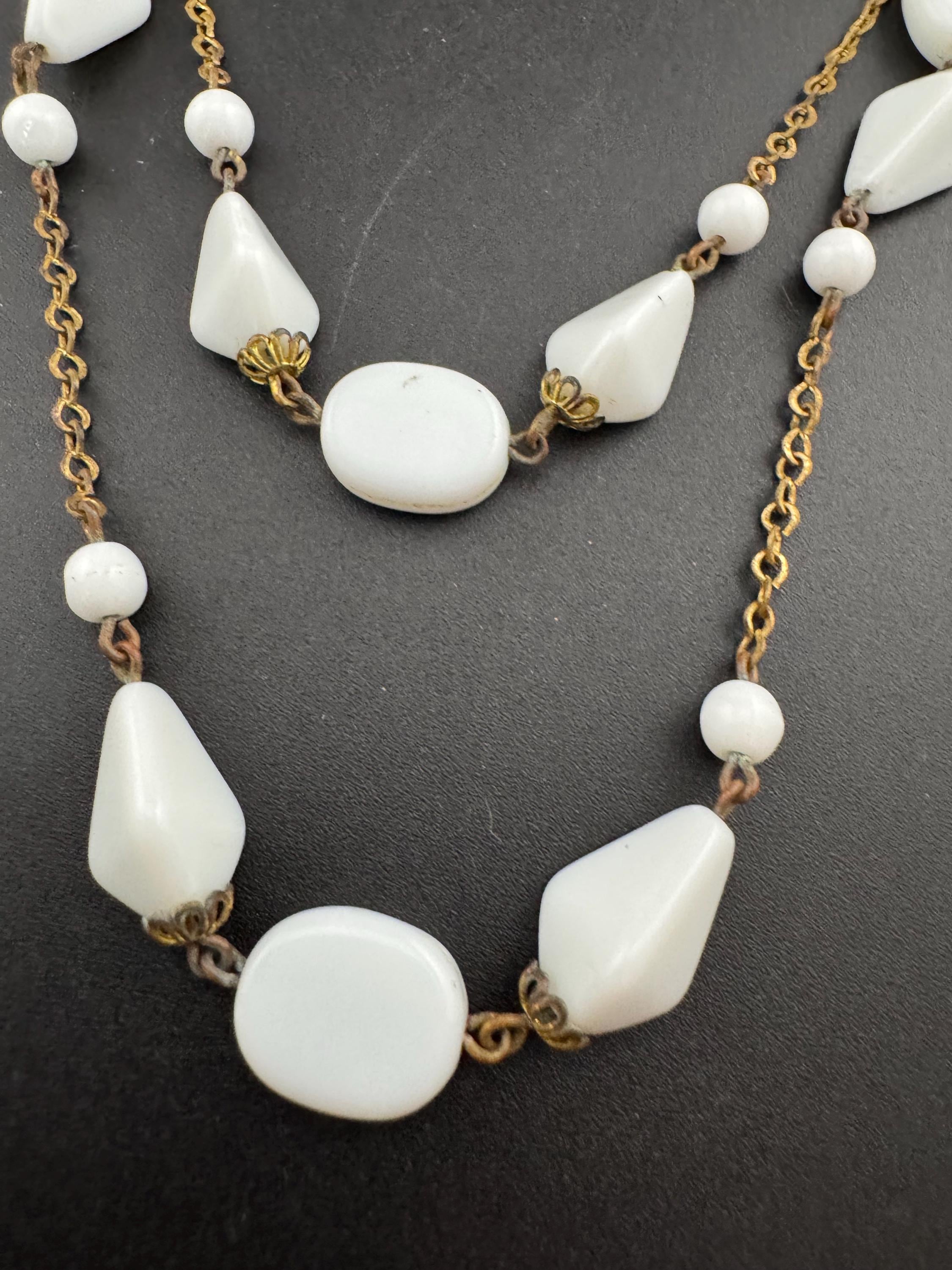 Vintage 2 row White milk glass abstract beaded layering gold chain link necklace