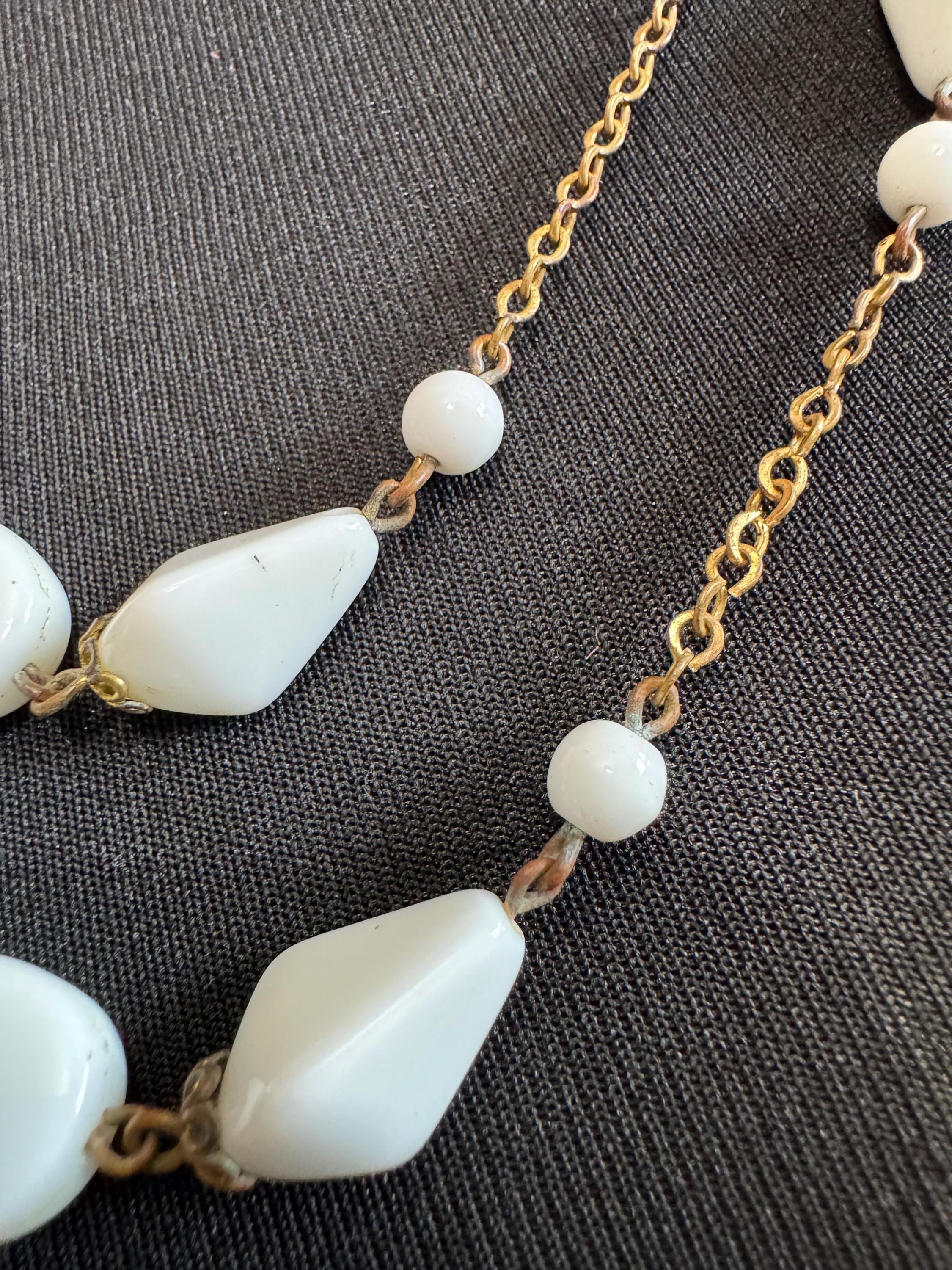 Vintage 2 row White milk glass abstract beaded layering gold chain link necklace
