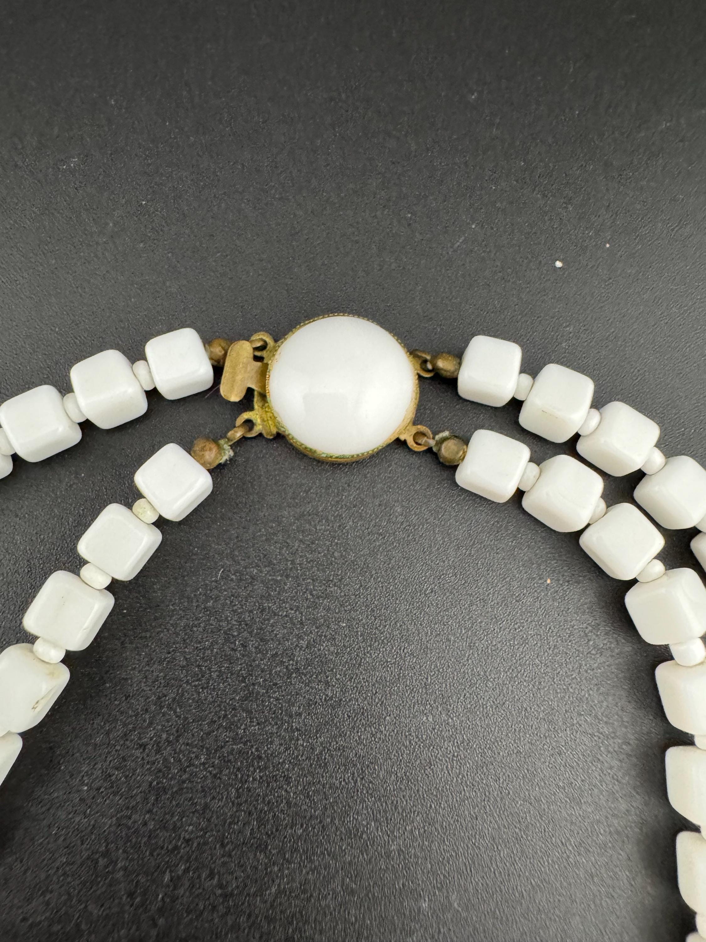 Vintage 2 row White milk glass square beaded layering collar necklace