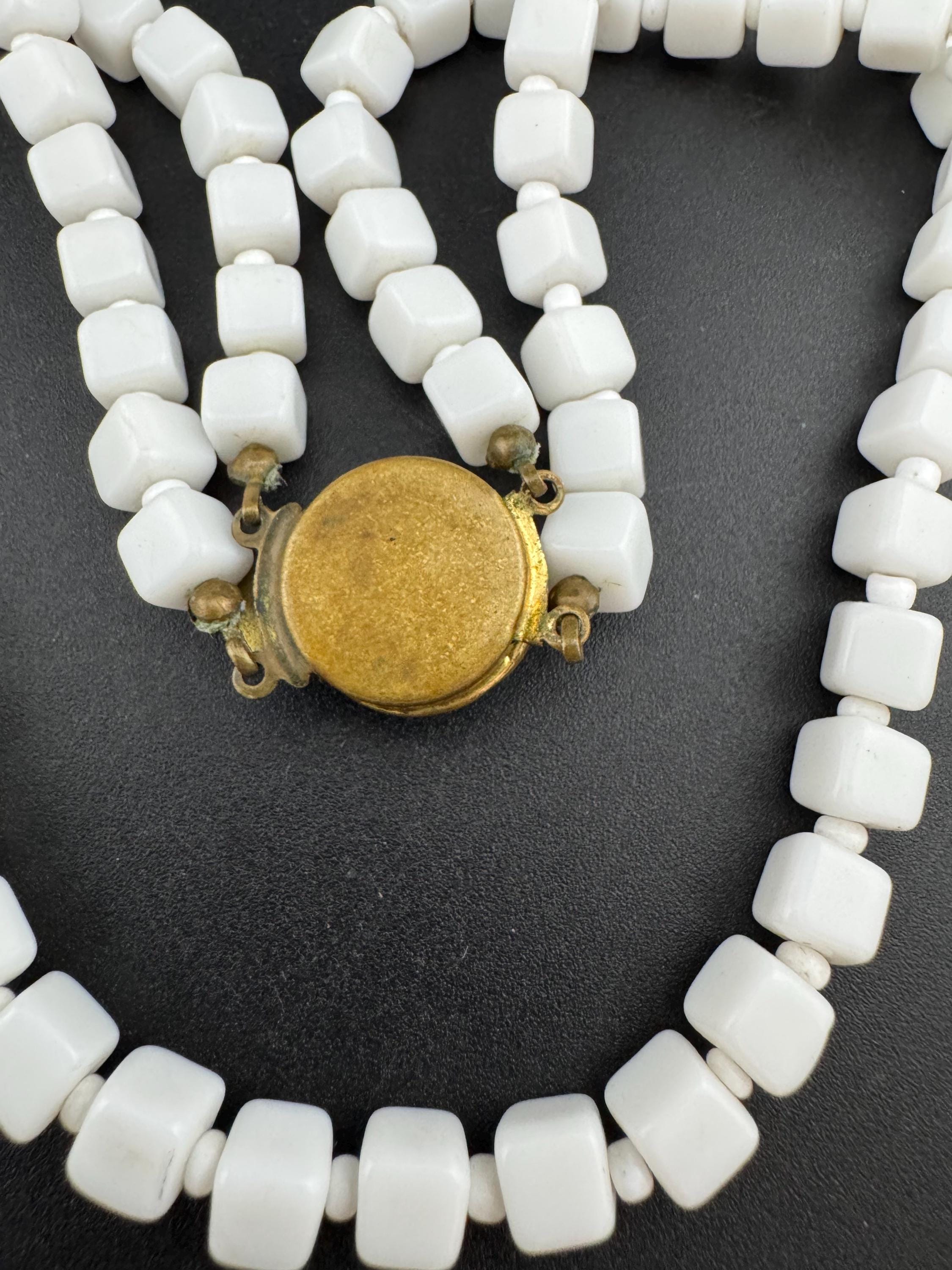 Vintage 2 row White milk glass square beaded layering collar necklace