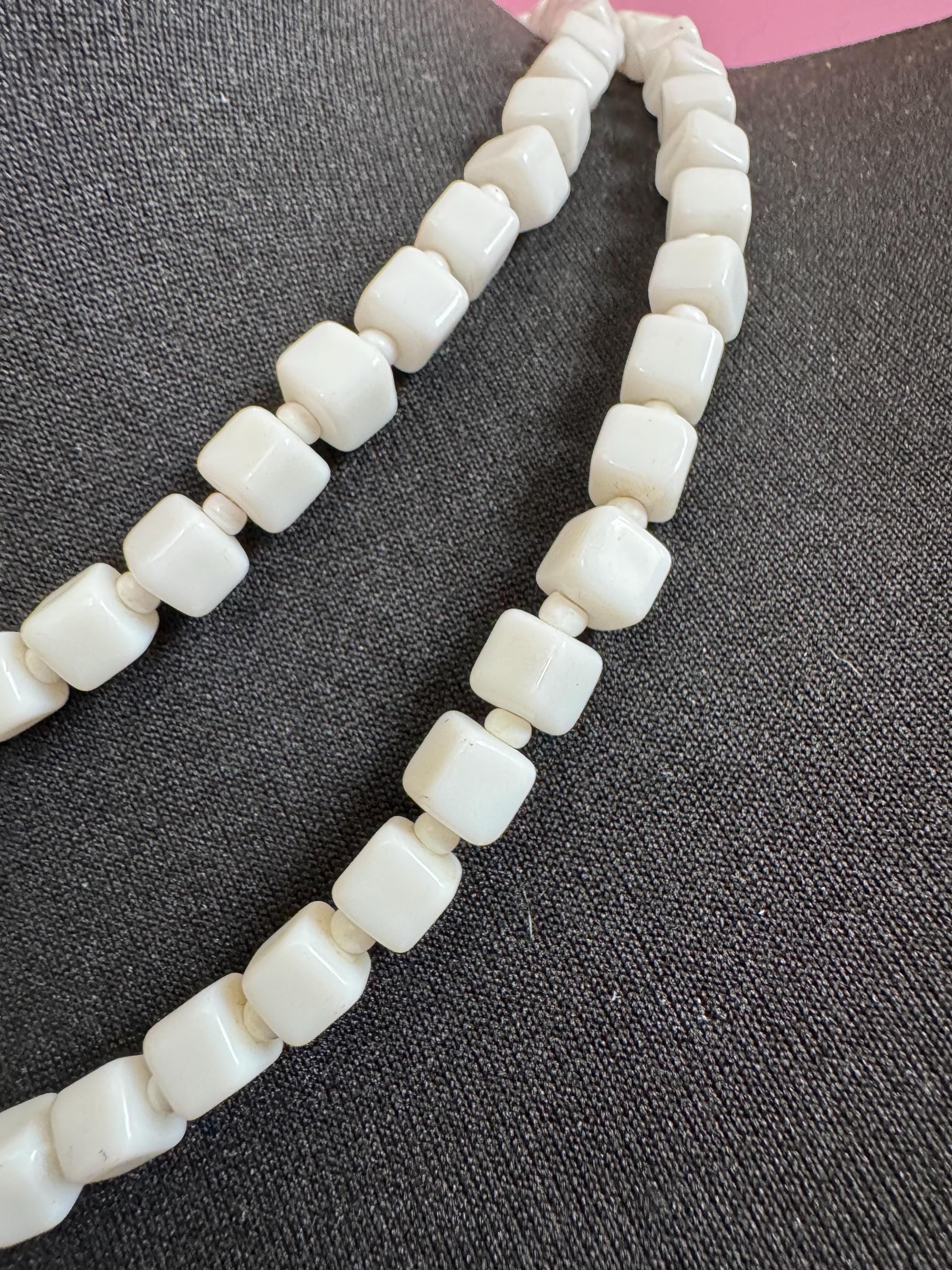 Vintage 2 row White milk glass square beaded layering collar necklace