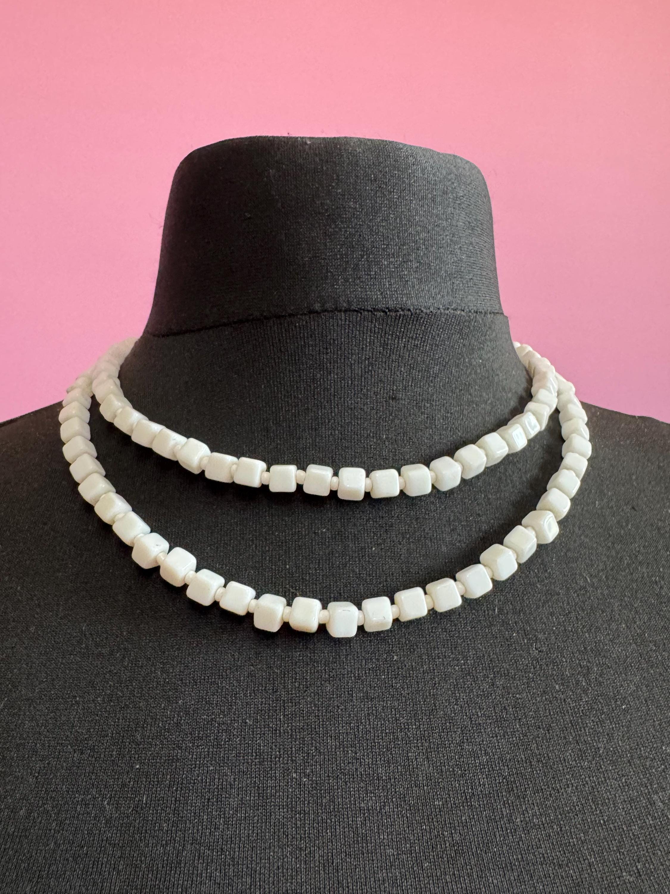 Vintage 2 row White milk glass square beaded layering collar necklace