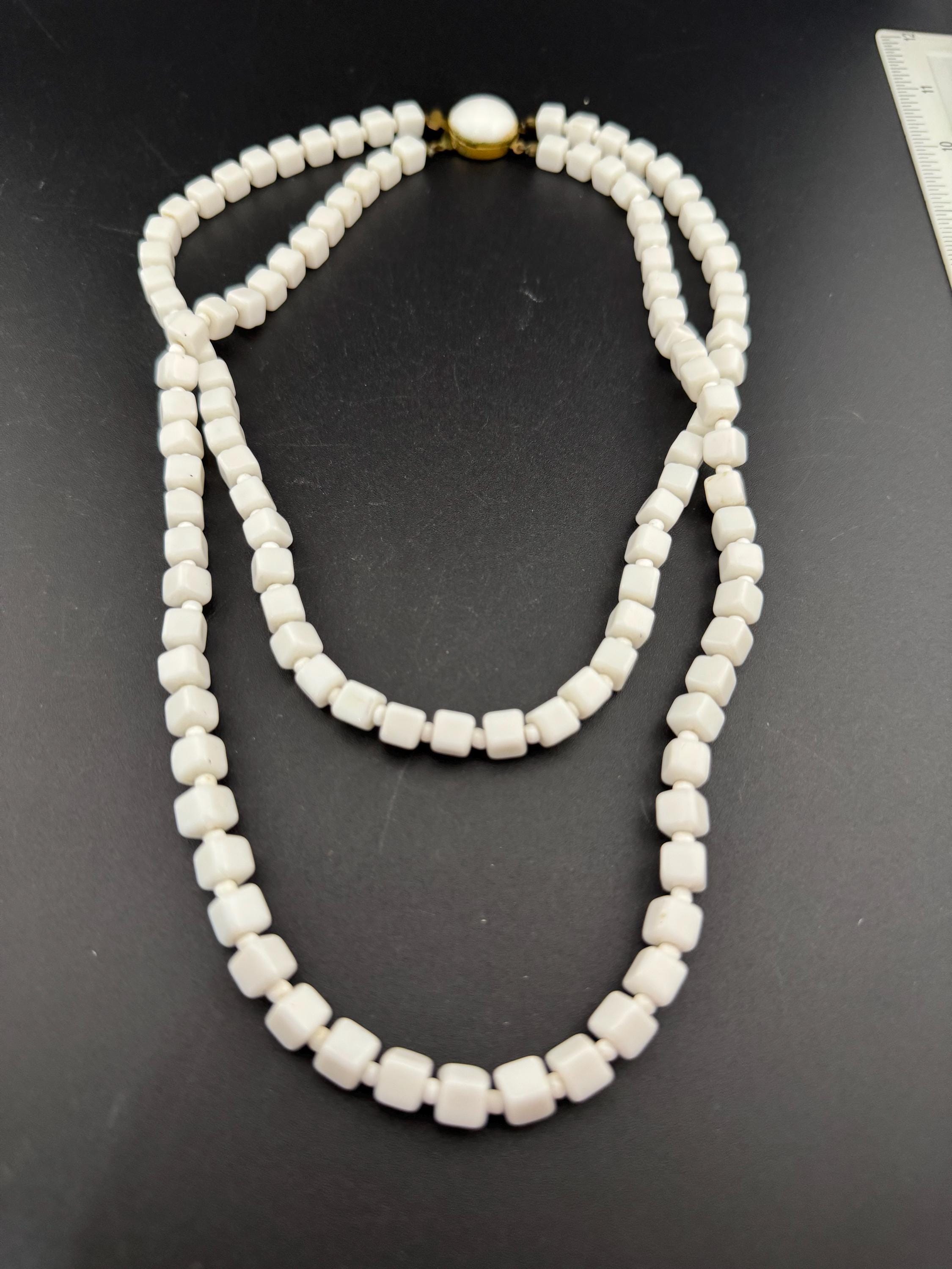Vintage 2 row White milk glass square beaded layering collar necklace