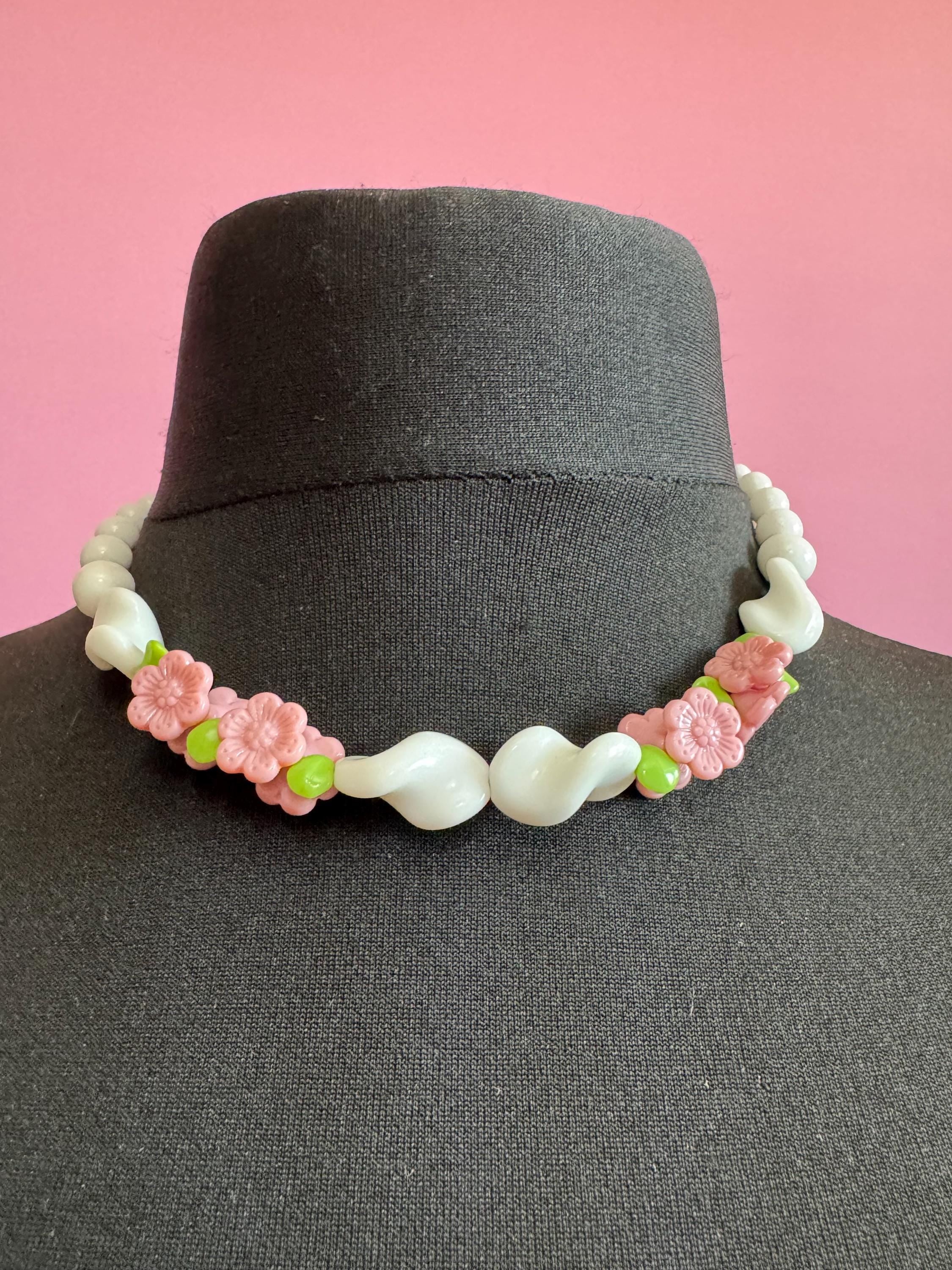 Vintage czech White milk glass pink green floral beaded collar necklace 44cm