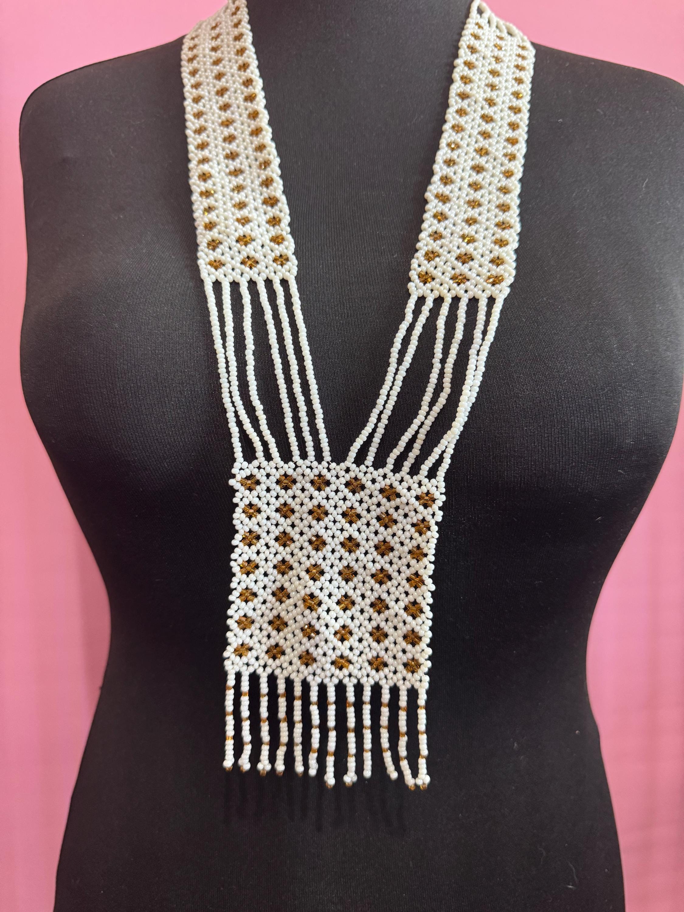 Stunning Vintage white pearlised and gold glass seed bead long pendant necklace art deco style