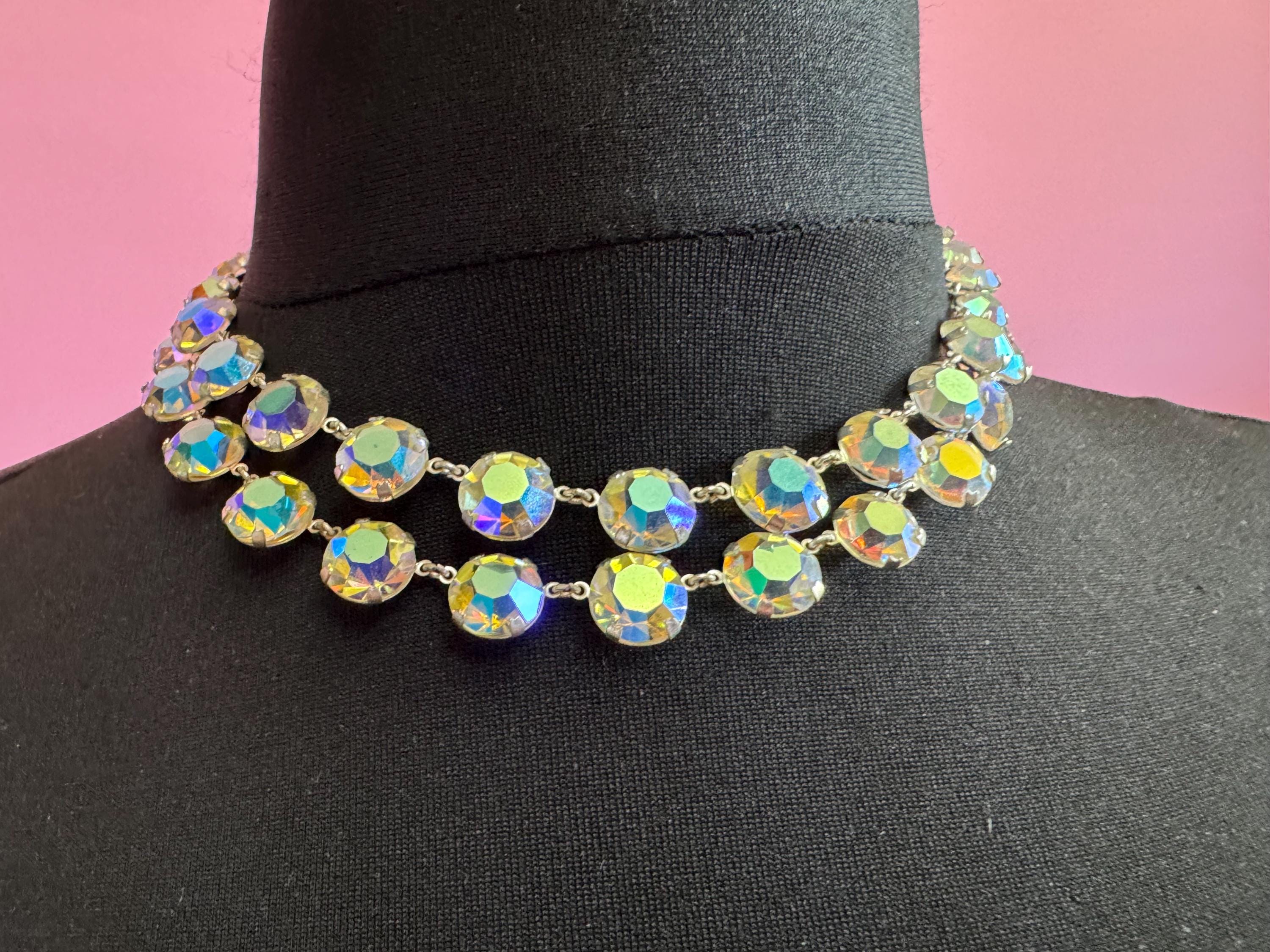 AB Aurora borealis rainbow glass necklace open back crystal rivière bezel set 2 row