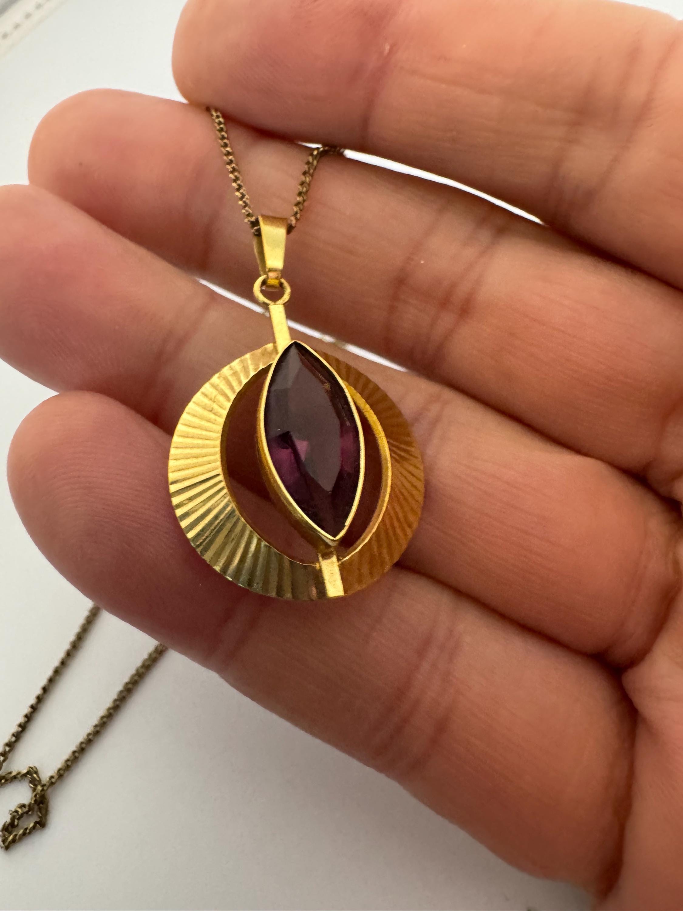 Signed K&L Kordes and Lichtenfels rolled gold amethyst purple  gemstone pendant necklace 46cm