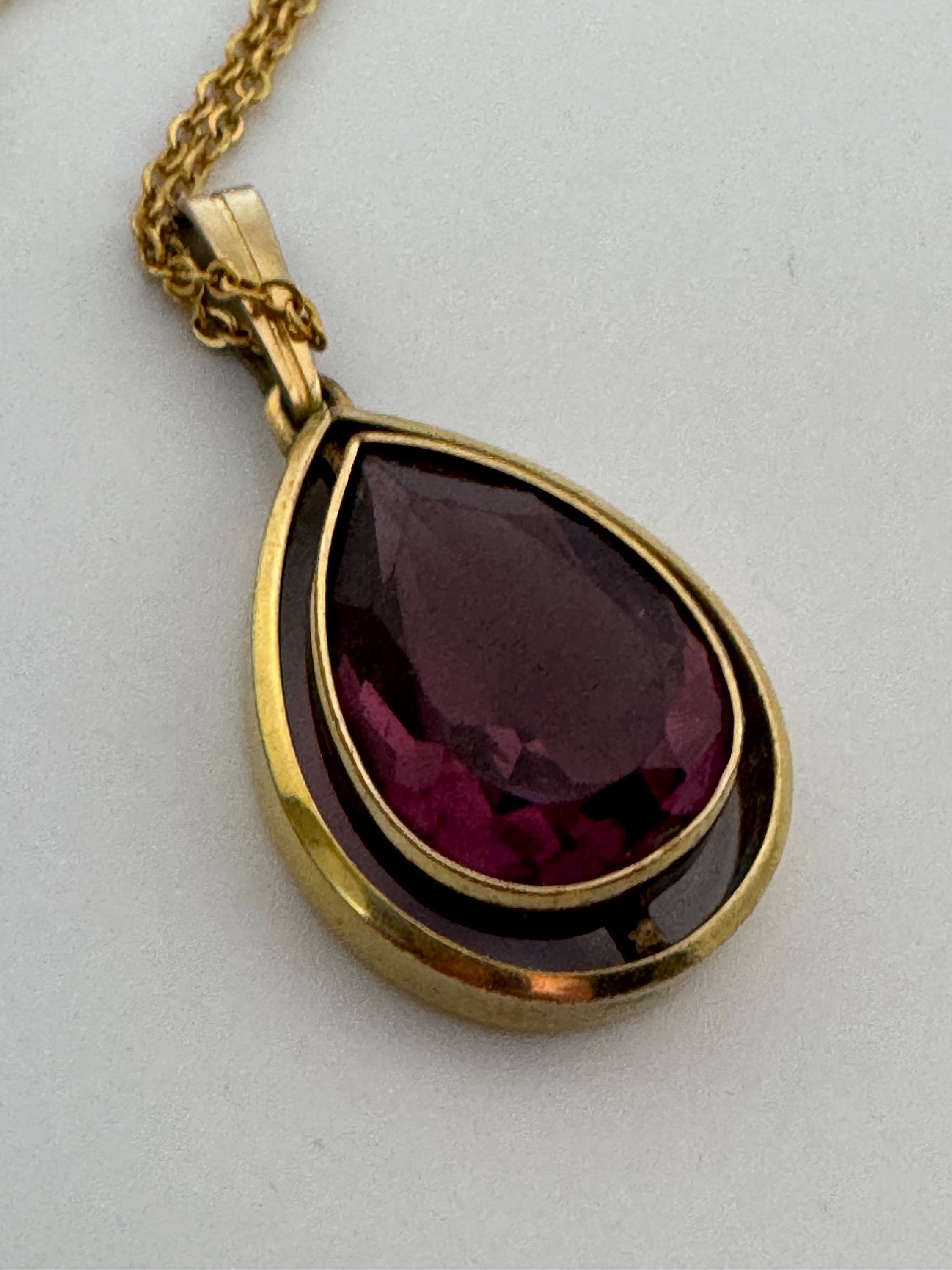 Signed rolled gold foreign amethyst purple teardrop gemstone pendant necklace 46cm