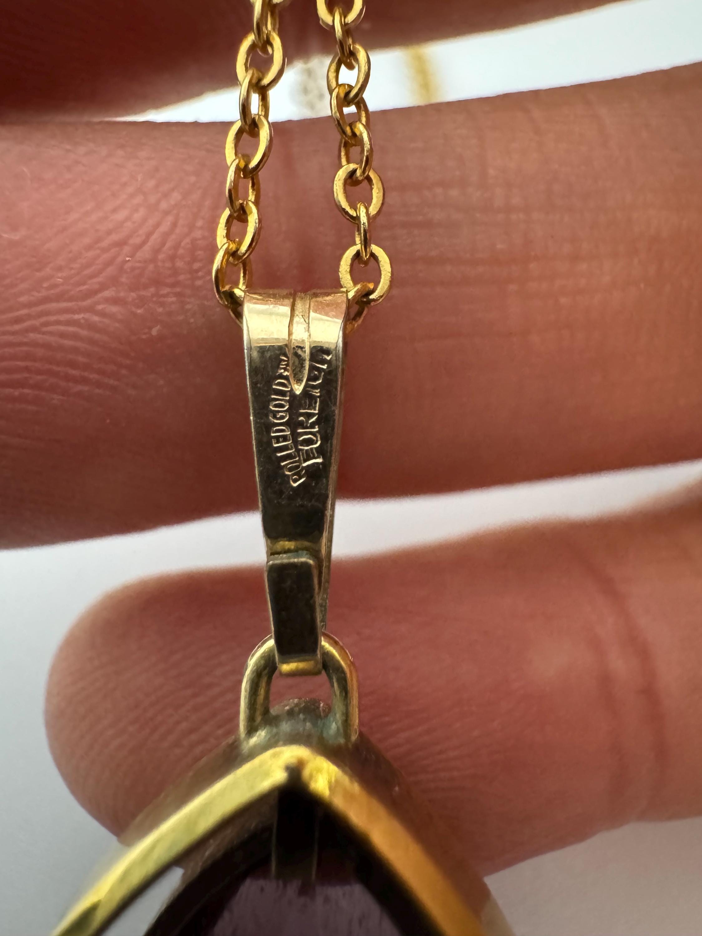 Signed rolled gold foreign amethyst purple teardrop gemstone pendant necklace 46cm