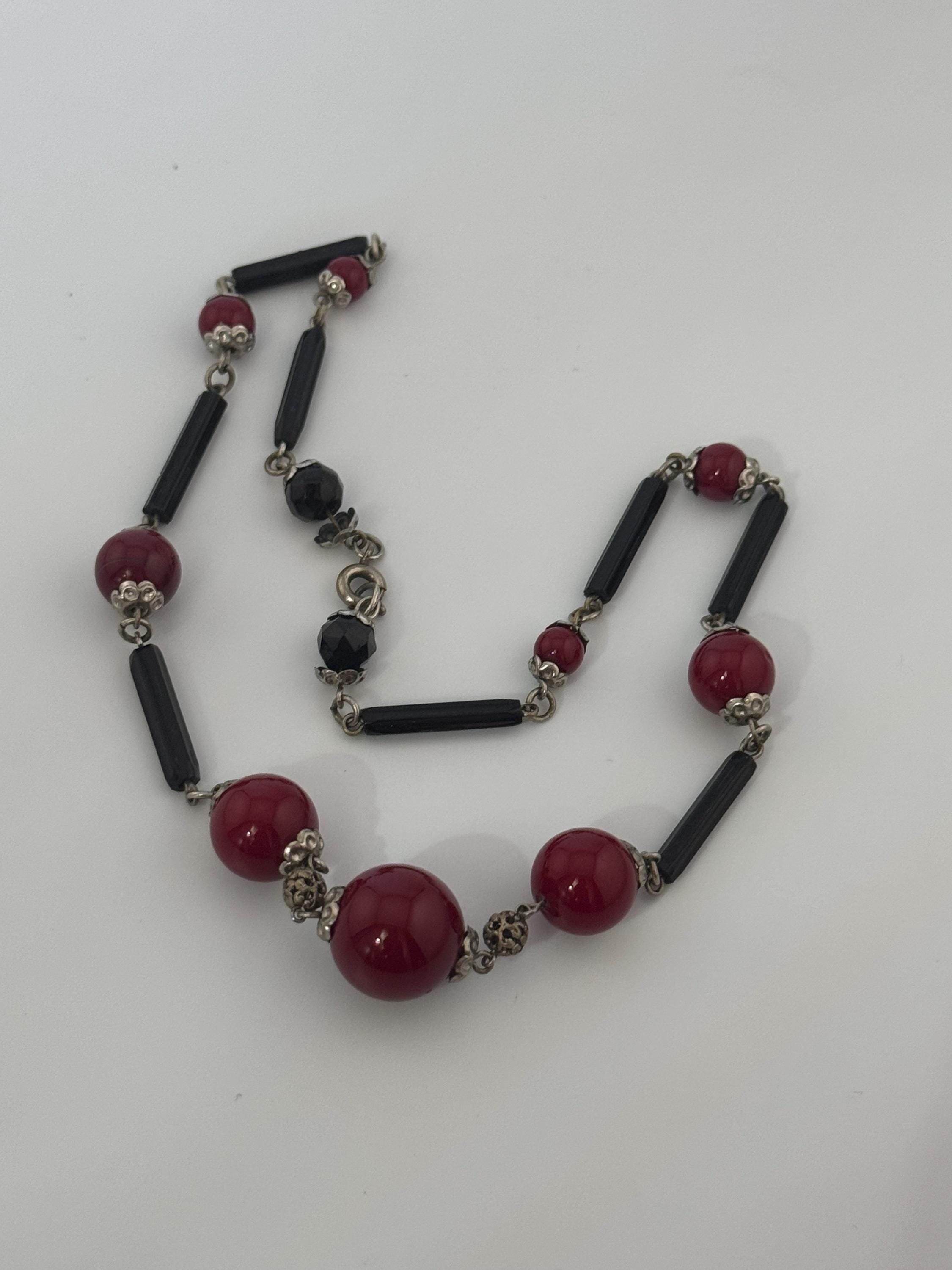 Czech silver Chromed red and black glass beaded necklace 1920s art deco 41cm