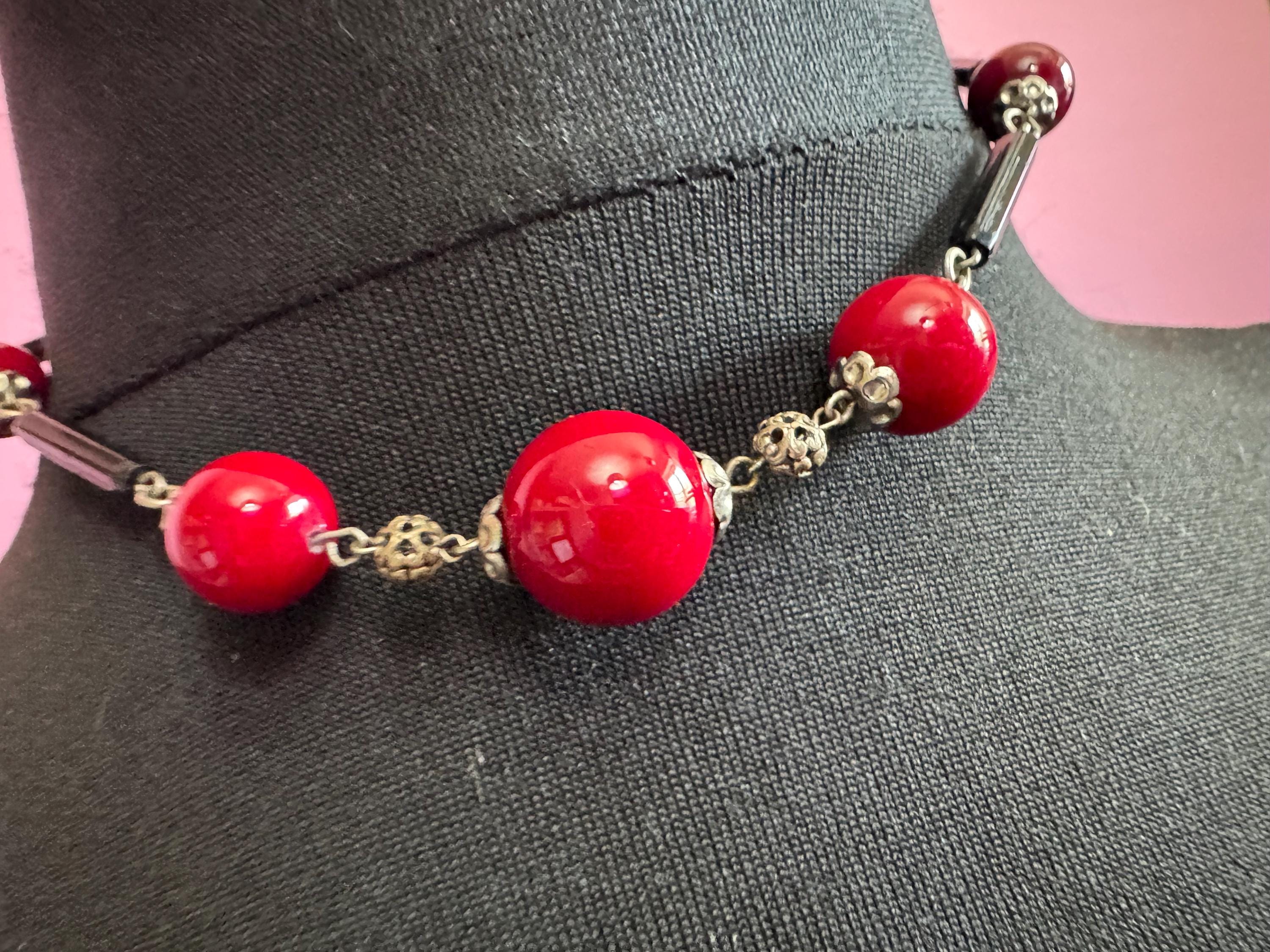 Czech silver Chromed red and black glass beaded necklace 1920s art deco 41cm