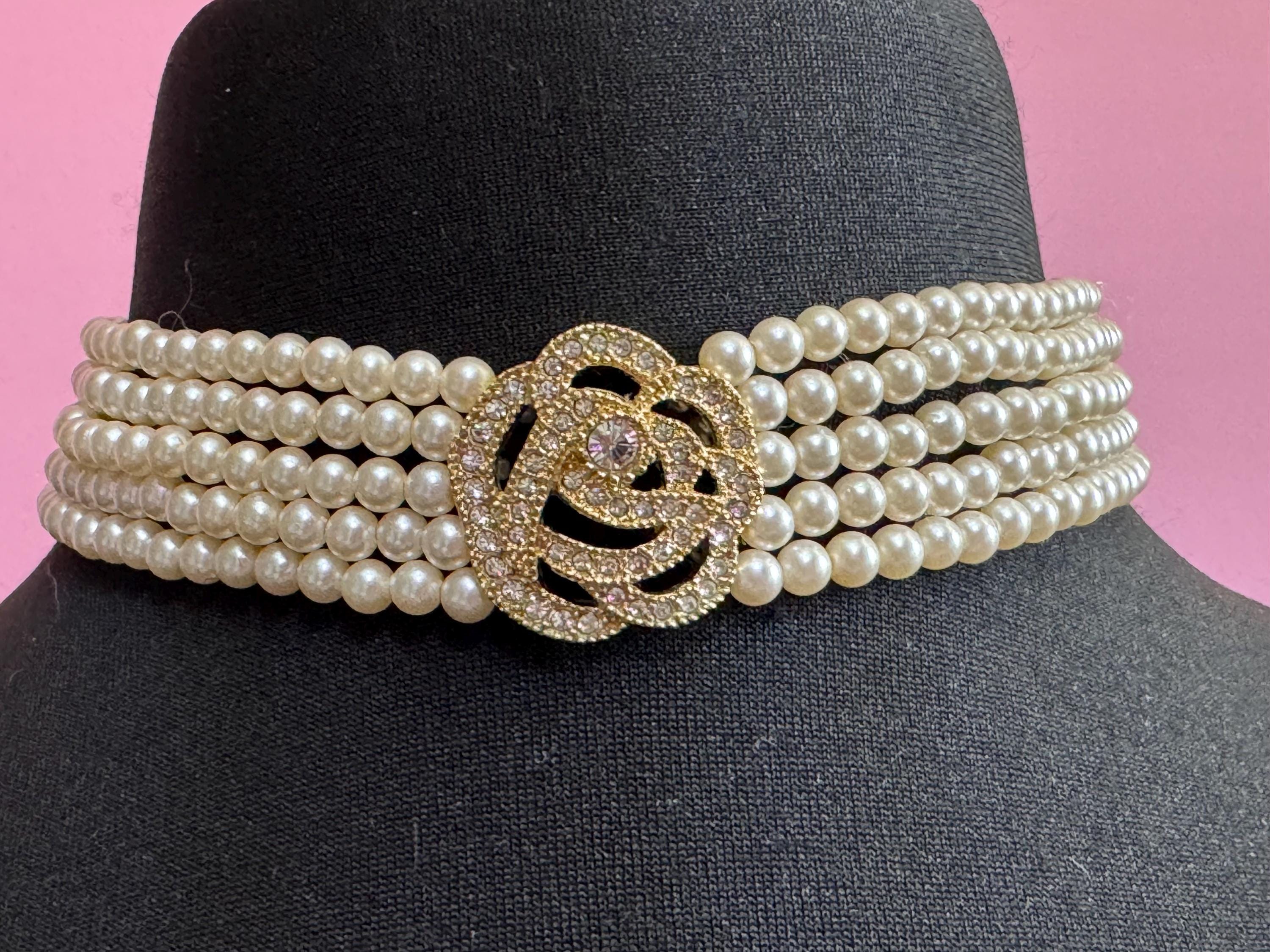 Vintage Christian Dior designer 5 row faux pearl choker necklace with floral rhinestone detail Signed