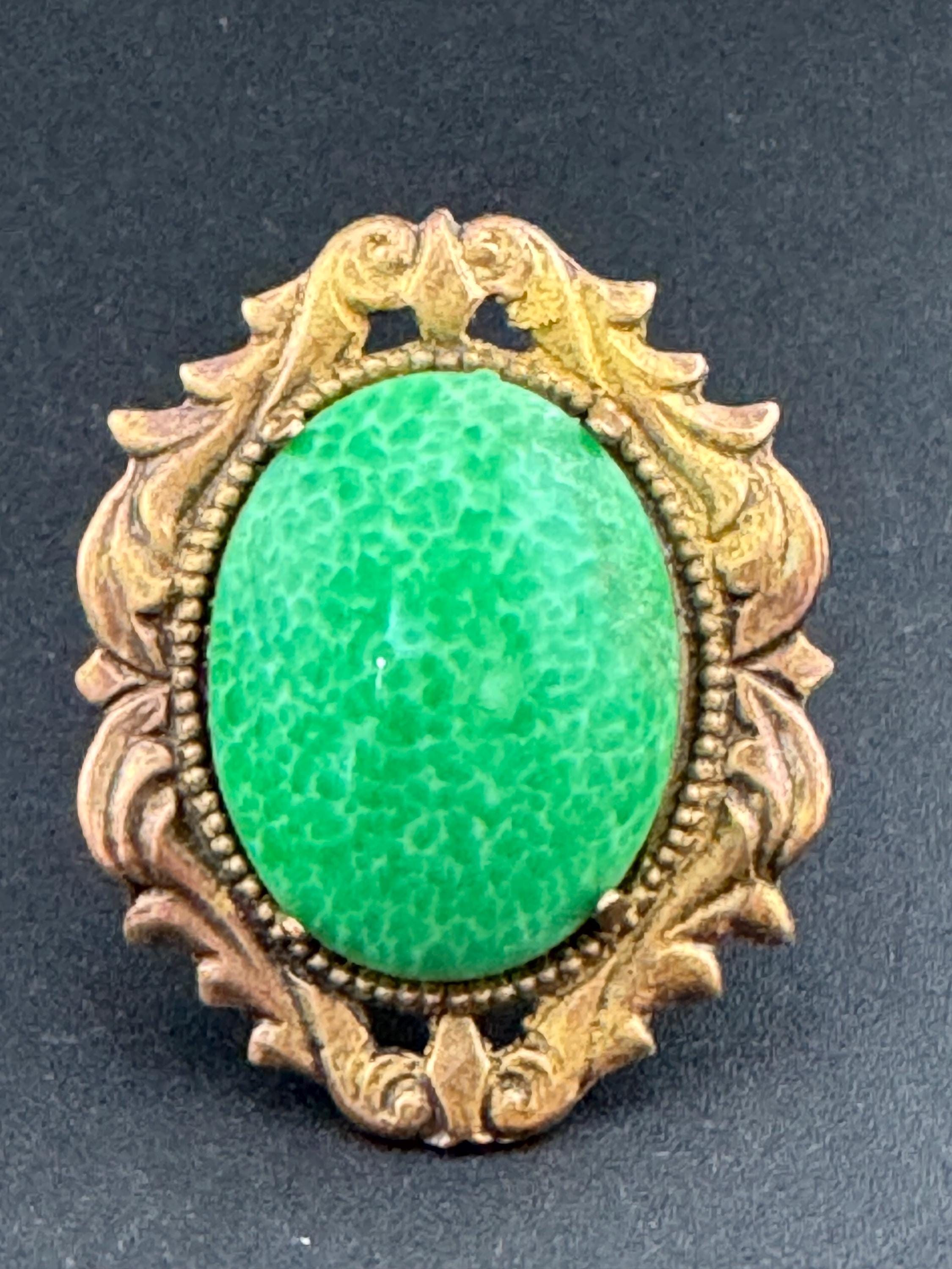 Antique Art Deco Czech Peking Glass Ring: Green Cabochon, Adjustable Gilt Metal