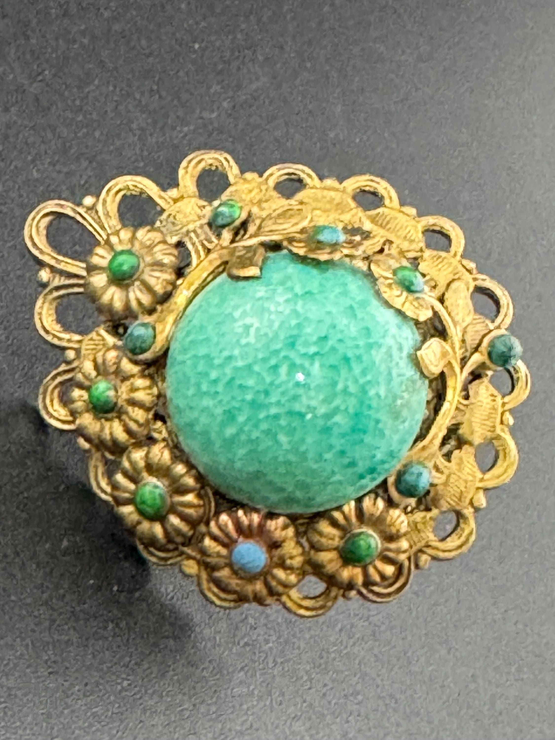 Antique Art Deco Czech Peking Glass Ring: Bohemian Gilt Metal Statement Ring